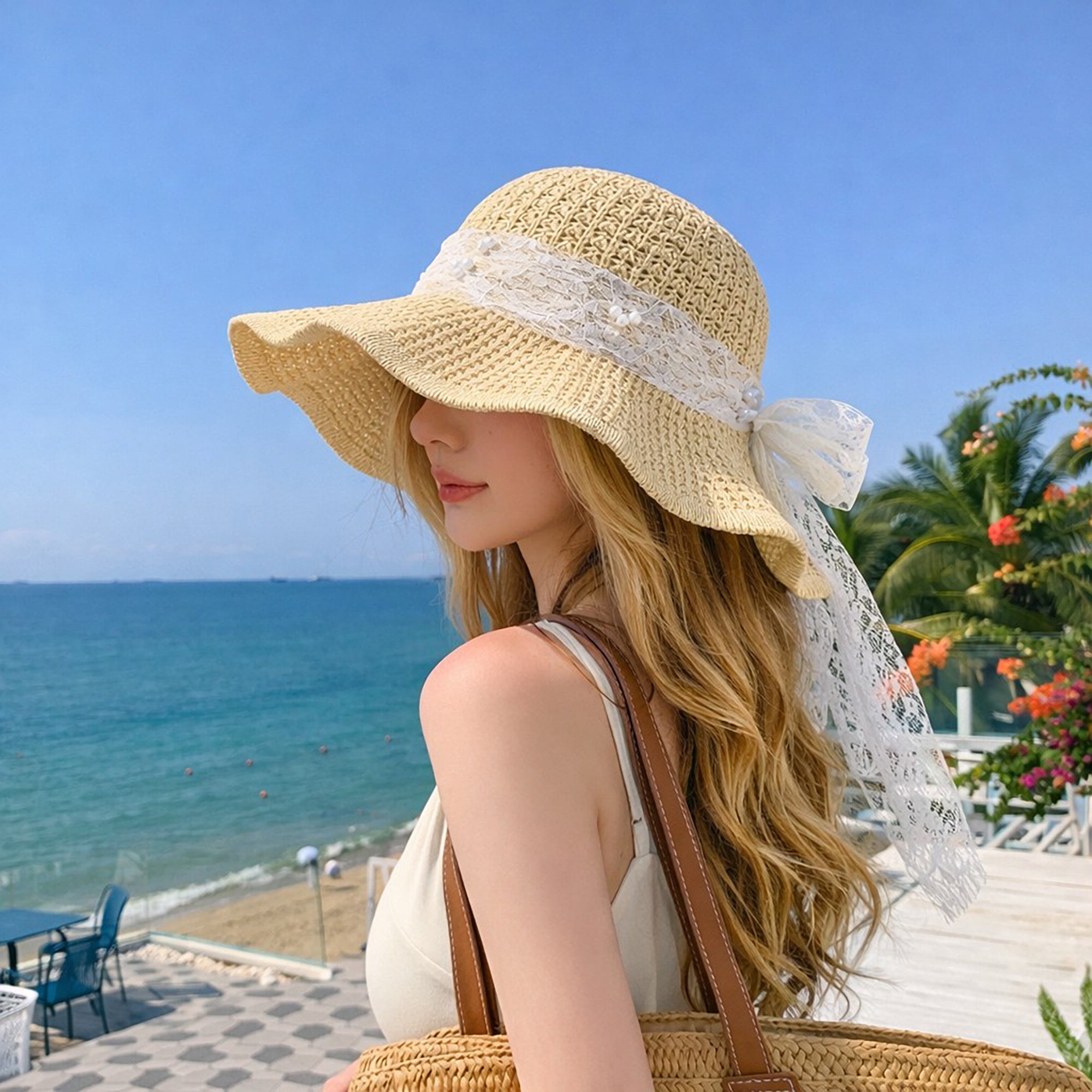 Anna-Kaci Women's Wide Brim Straw Sun Hat with Lace Bow Ribbon Pearl Decoration Summer Beach Floppy Hat