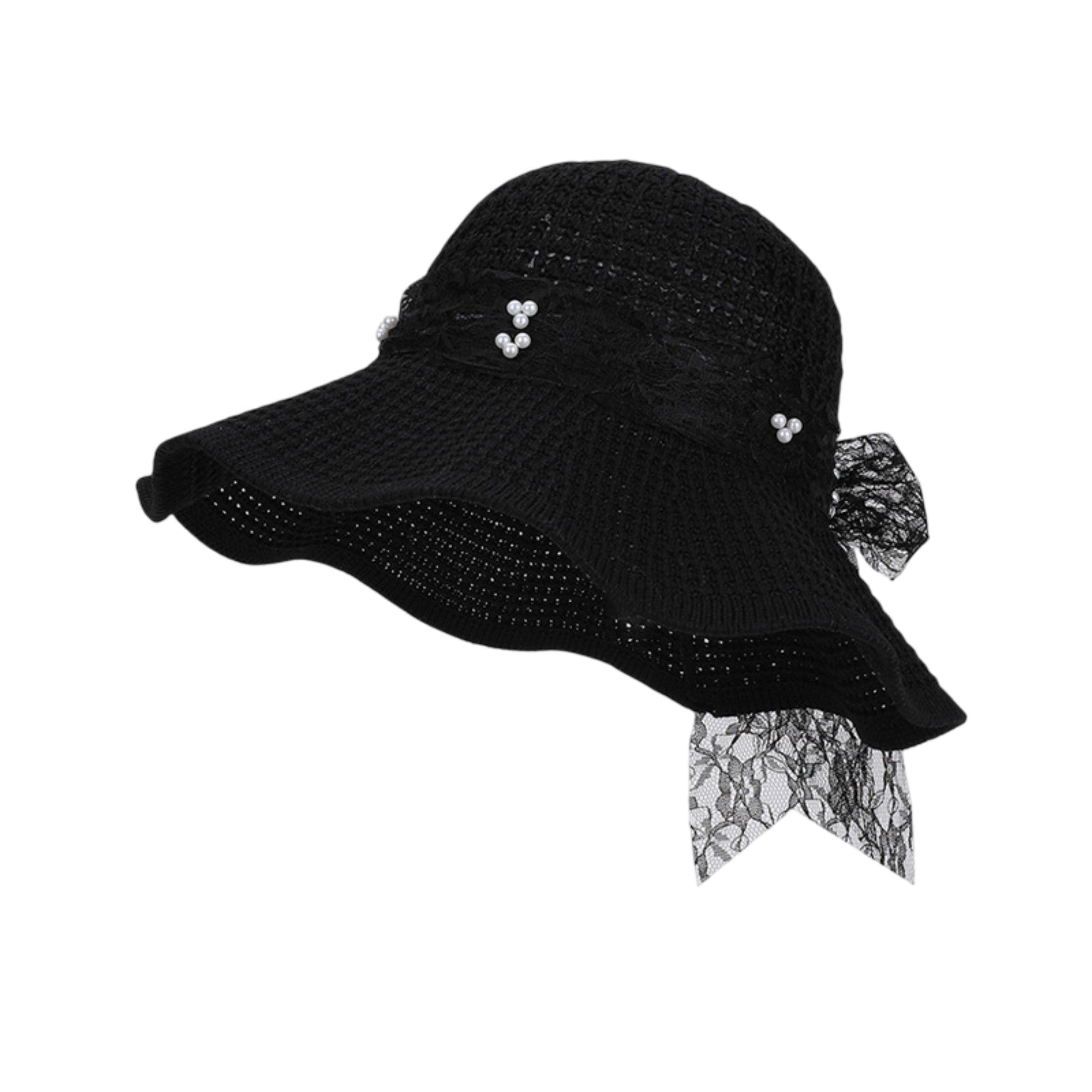 Anna-Kaci Women's Wide Brim Straw Sun Hat with Lace Bow Ribbon Pearl Decoration Summer Beach Floppy Hat