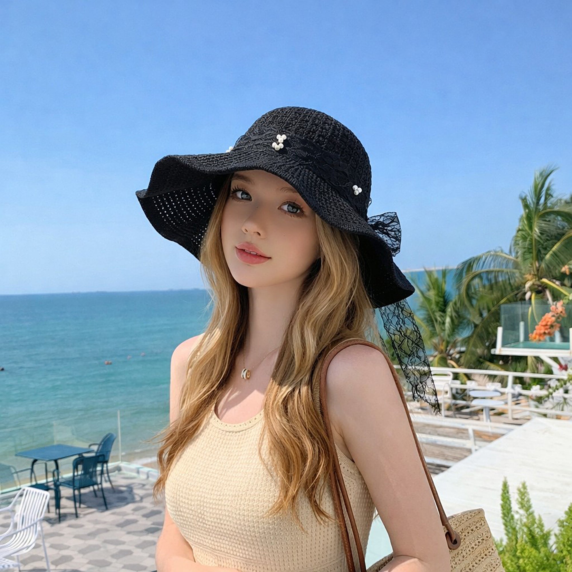 Anna-Kaci Women's Wide Brim Straw Sun Hat with Lace Bow Ribbon Pearl Decoration Summer Beach Floppy Hat