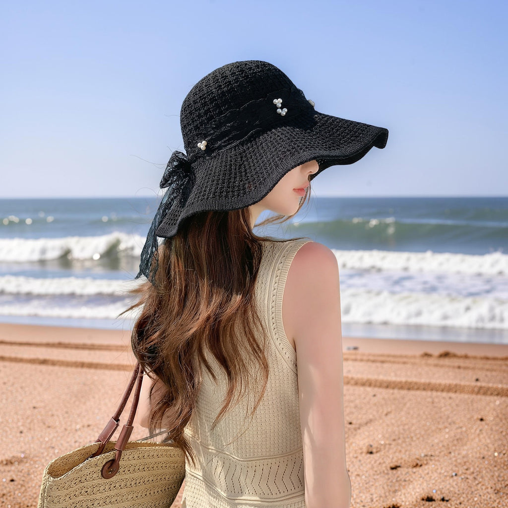 Anna-Kaci Women's Wide Brim Straw Sun Hat with Lace Bow Ribbon Pearl Decoration Summer Beach Floppy Hat