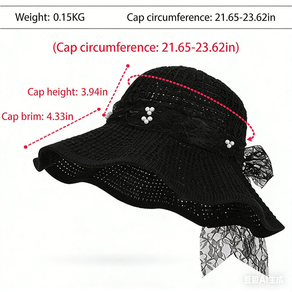 Anna-Kaci Women's Wide Brim Straw Sun Hat with Lace Bow Ribbon Pearl Decoration Summer Beach Floppy Hat