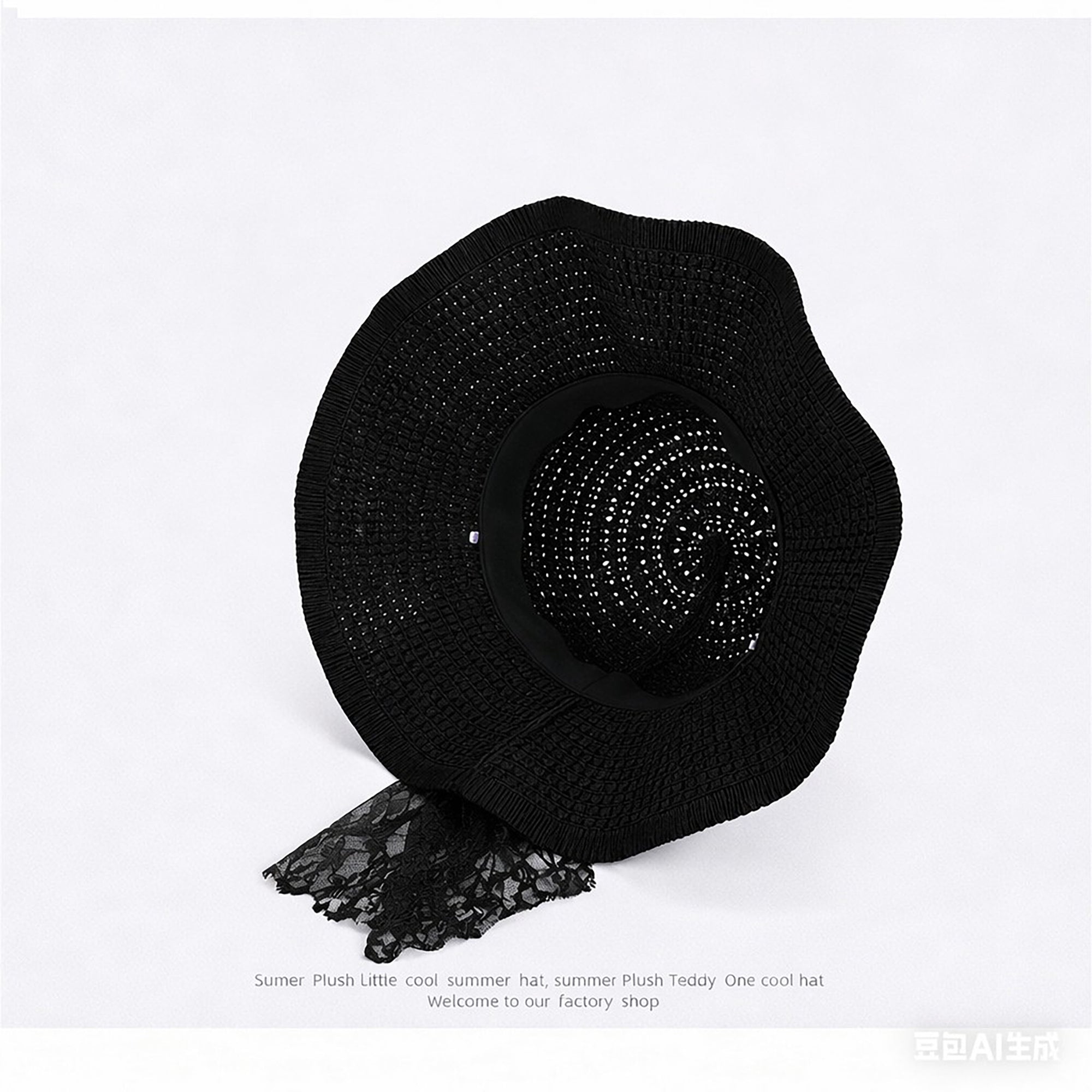 Anna-Kaci Women's Wide Brim Straw Sun Hat with Lace Bow Ribbon Pearl Decoration Summer Beach Floppy Hat