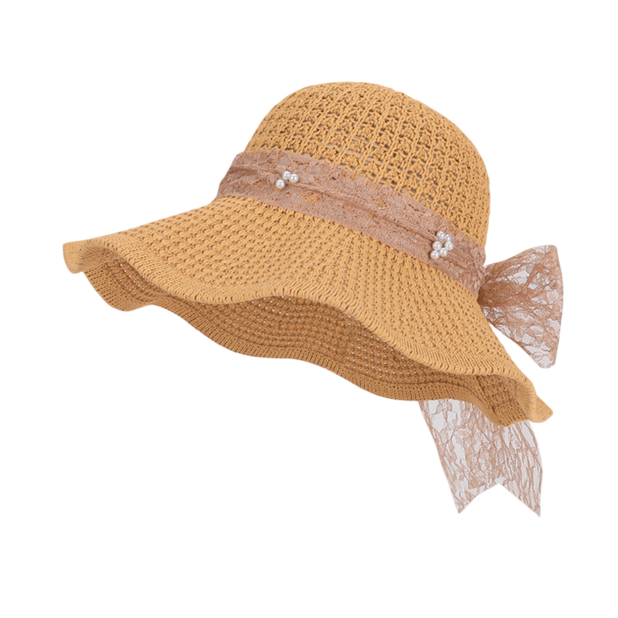Anna-Kaci Women's Wide Brim Straw Sun Hat with Lace Bow Ribbon Pearl Decoration Summer Beach Floppy Hat