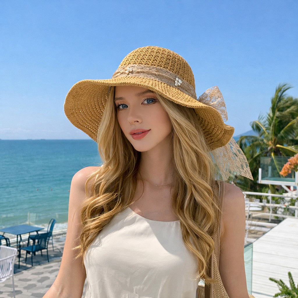 Anna-Kaci Women's Wide Brim Straw Sun Hat with Lace Bow Ribbon Pearl Decoration Summer Beach Floppy Hat