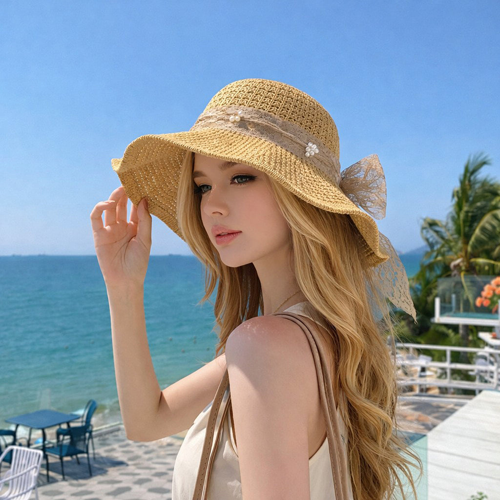 Anna-Kaci Women's Wide Brim Straw Sun Hat with Lace Bow Ribbon Pearl Decoration Summer Beach Floppy Hat