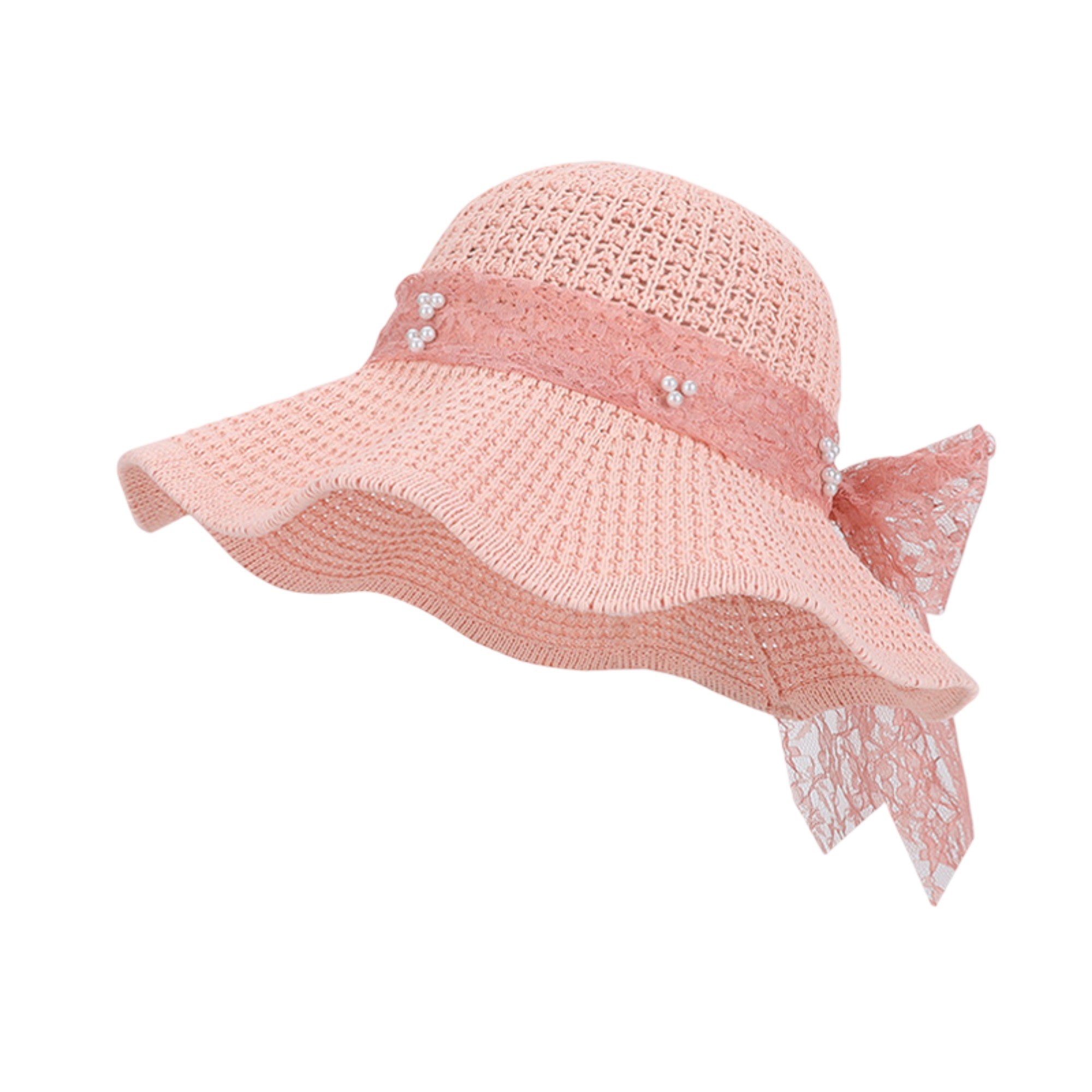 Anna-Kaci Women's Wide Brim Straw Sun Hat with Lace Bow Ribbon Pearl Decoration Summer Beach Floppy Hat