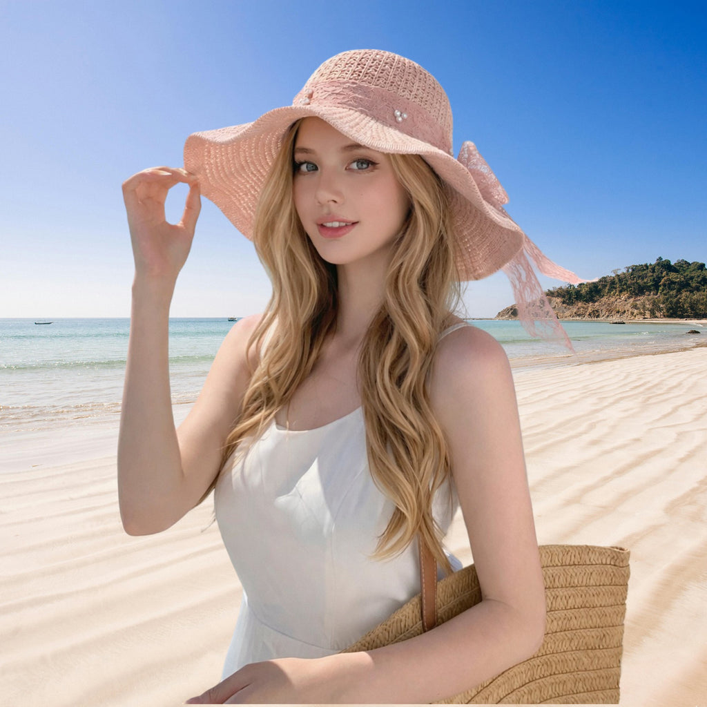 Anna-Kaci Women's Wide Brim Straw Sun Hat with Lace Bow Ribbon Pearl Decoration Summer Beach Floppy Hat