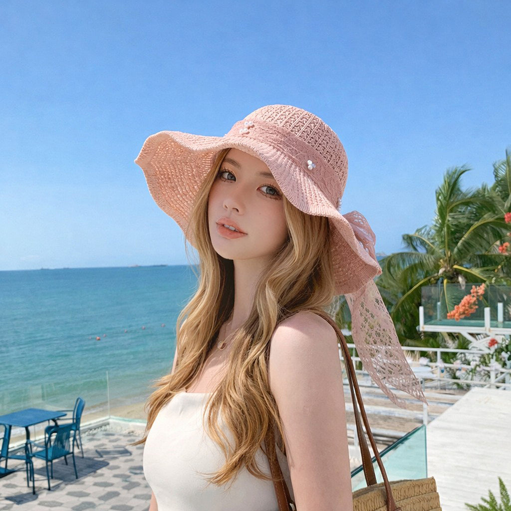 Anna-Kaci Women's Wide Brim Straw Sun Hat with Lace Bow Ribbon Pearl Decoration Summer Beach Floppy Hat