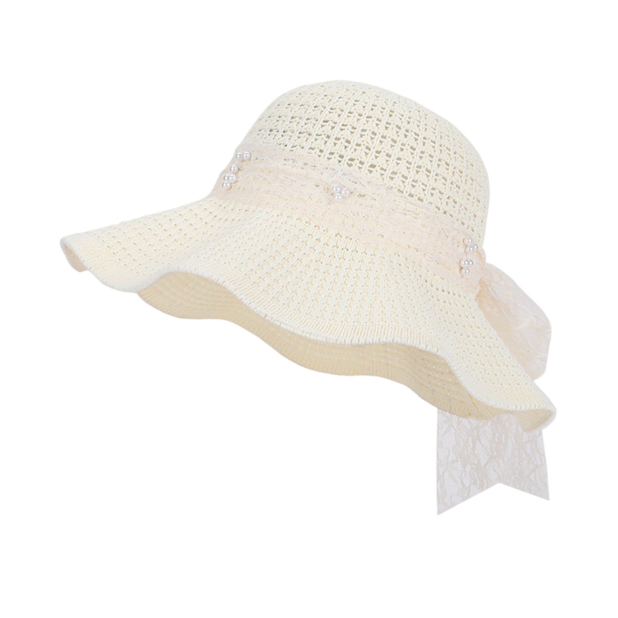 Anna-Kaci Women's Wide Brim Straw Sun Hat with Lace Bow Ribbon Pearl Decoration Summer Beach Floppy Hat