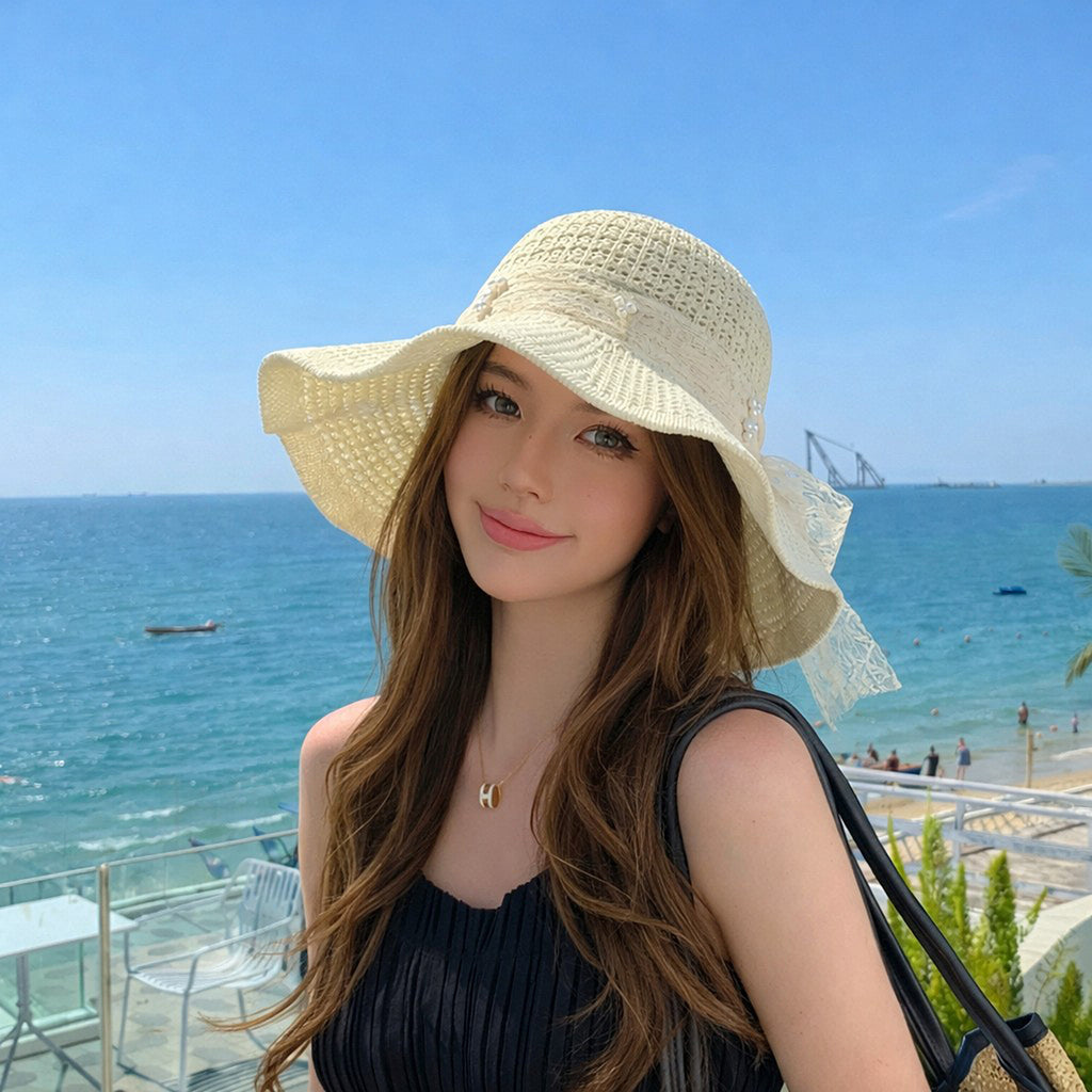 Anna-Kaci Women's Wide Brim Straw Sun Hat with Lace Bow Ribbon Pearl Decoration Summer Beach Floppy Hat