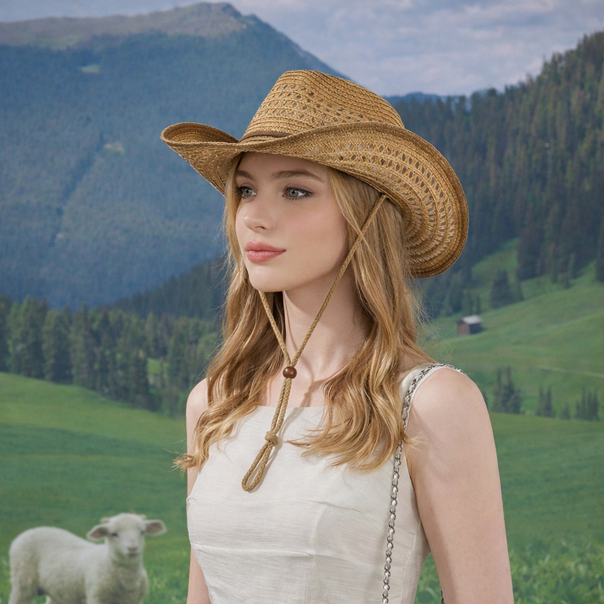 Anna-Kaci Women's Wide Brim Straw Sun Hat with Adjustable Chin Strap Woven Cowboy Style Summer Beach Sun Hat