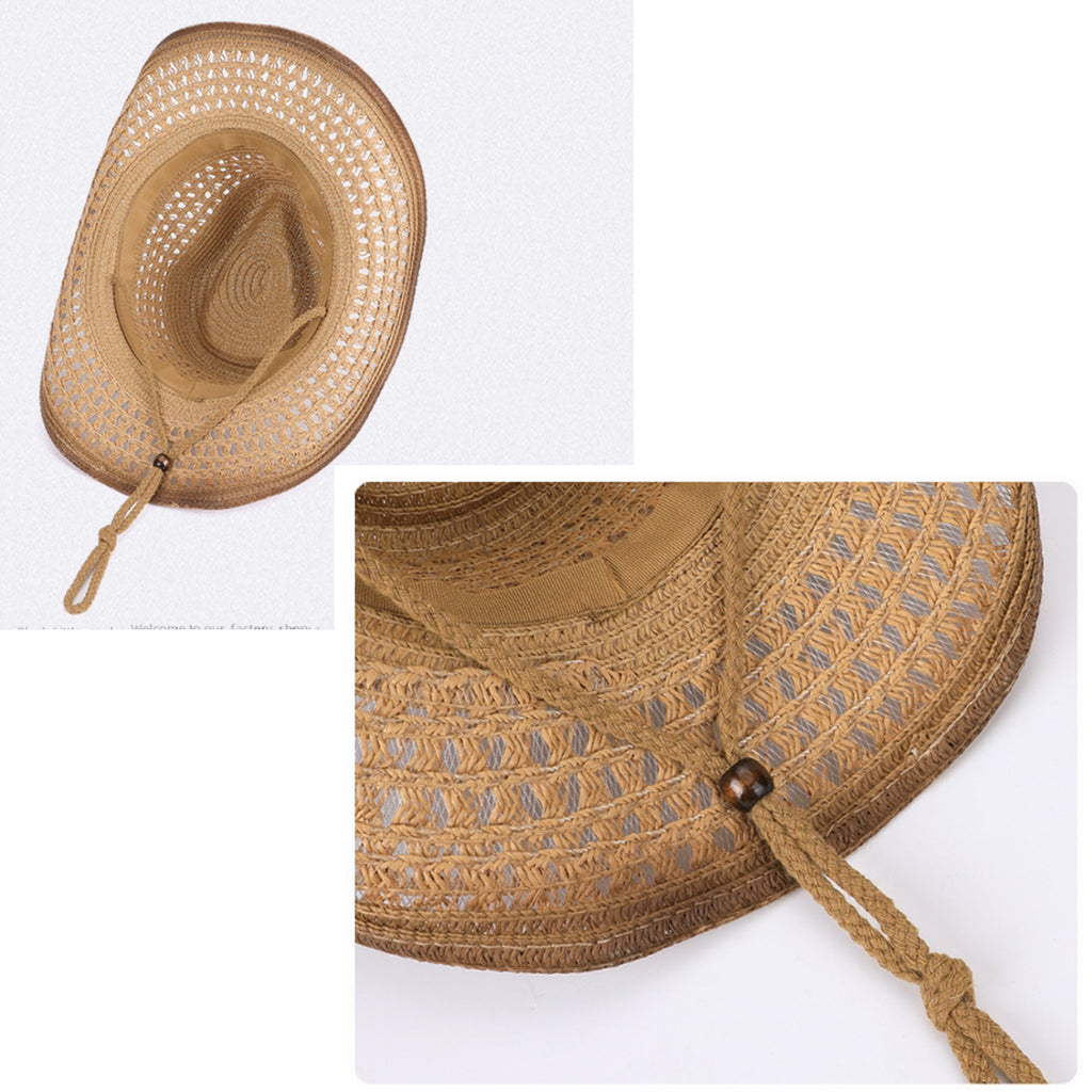 Anna-Kaci Women's Wide Brim Straw Sun Hat with Adjustable Chin Strap Woven Cowboy Style Summer Beach Sun Hat