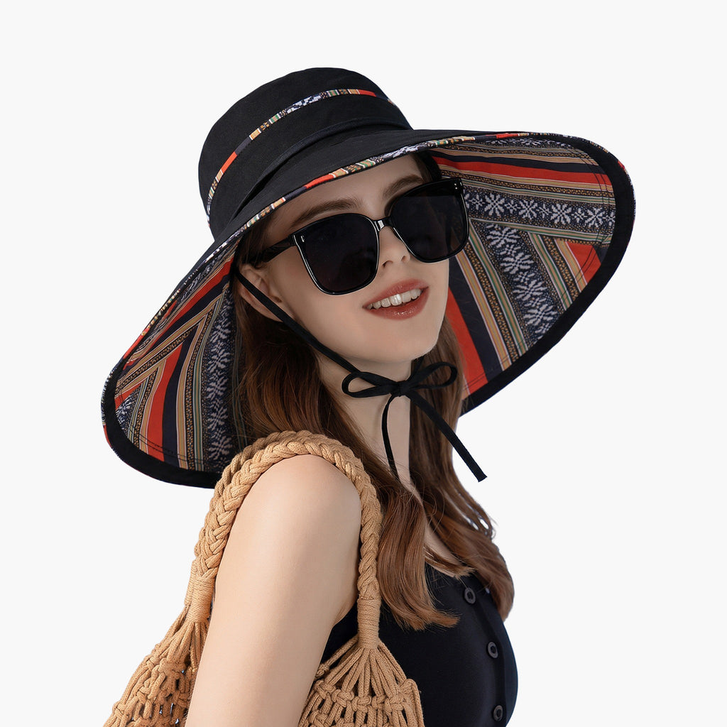 Anna-Kaci Women's Reversible Wide Brim Sun Hat with Chin Tie Large Floppy Brim Packable Summer Beach Hat