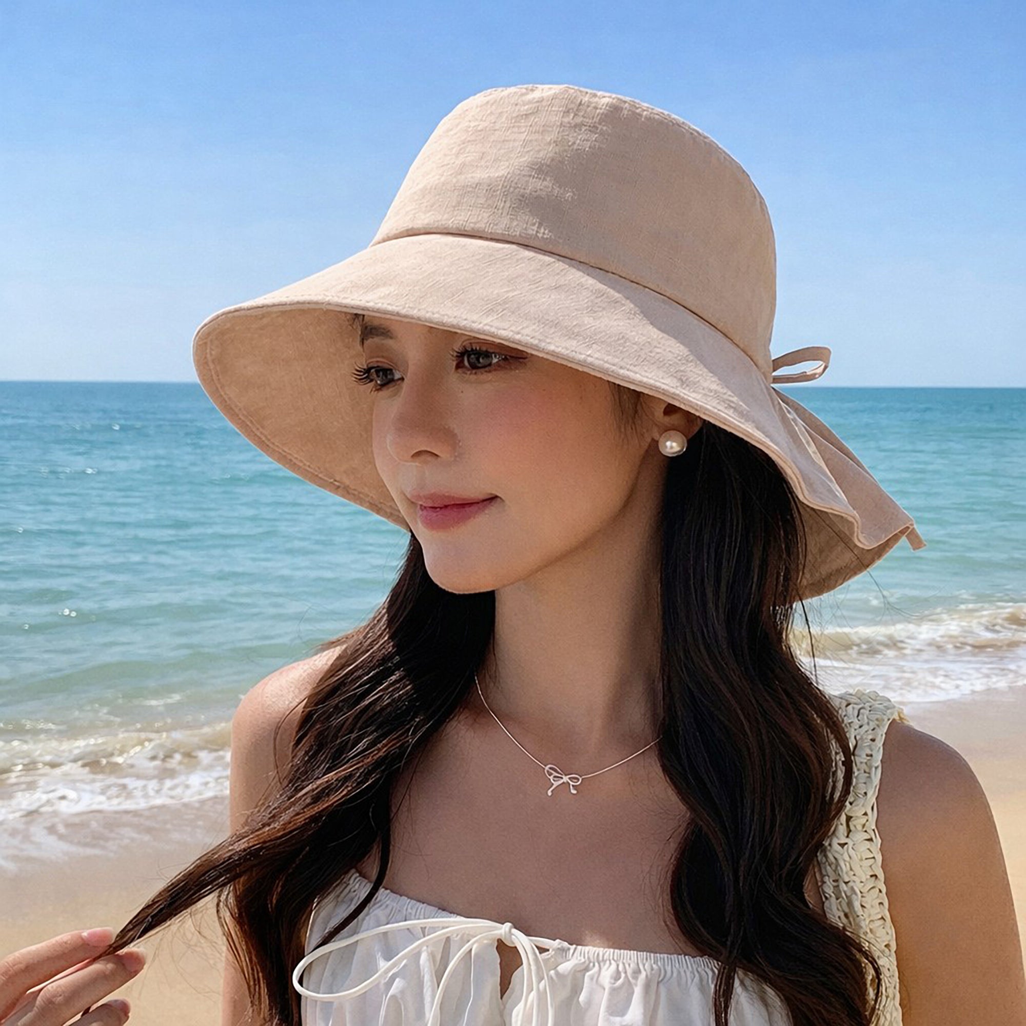 Anna-Kaci Women's Wide Brim Sun Hat with Back Bow Adjustable Cotton Bucket Hat Summer Beach Sun Hat