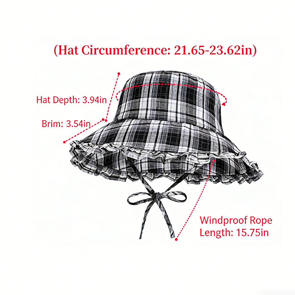 Anna-Kaci Women's Plaid Bucket Hat with Ruffle Brim Adjustable Sun Hat Lightweight Summer Beach Sun Hat