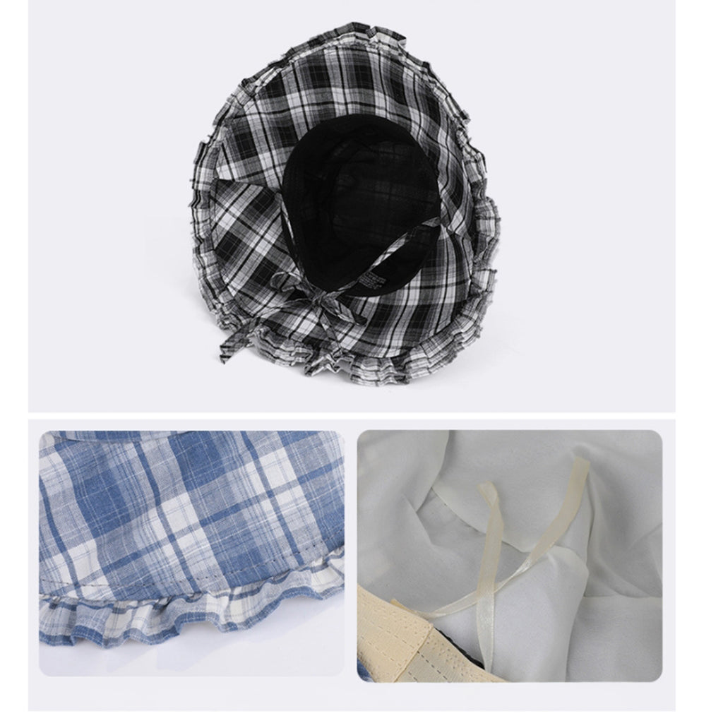 Anna-Kaci Women's Plaid Bucket Hat with Ruffle Brim Adjustable Sun Hat Lightweight Summer Beach Sun Hat