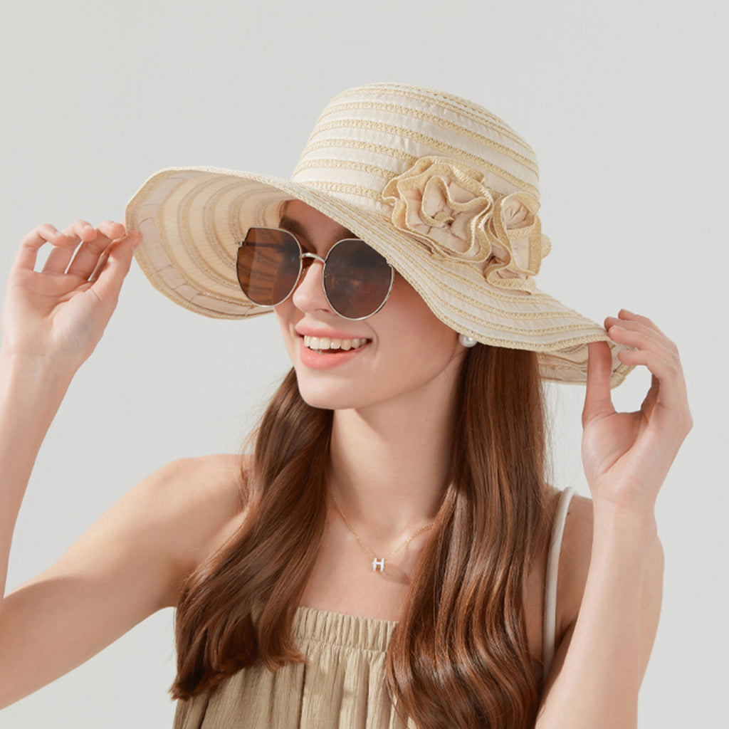 Anna-Kaci Womens Straw Sun Hat with Floral Accent Summer Beach Hat with Adjustable Chin Strap