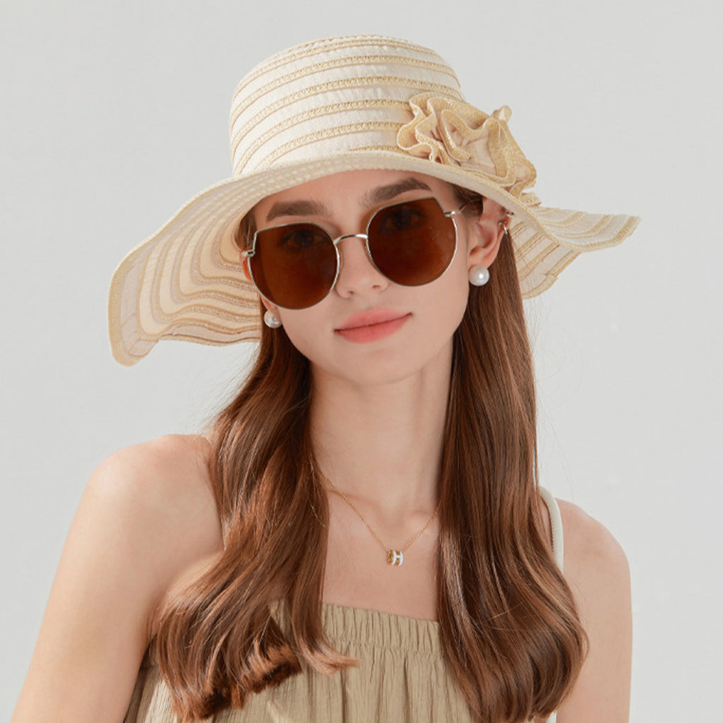 Anna-Kaci Womens Straw Sun Hat with Floral Accent Summer Beach Hat with Adjustable Chin Strap