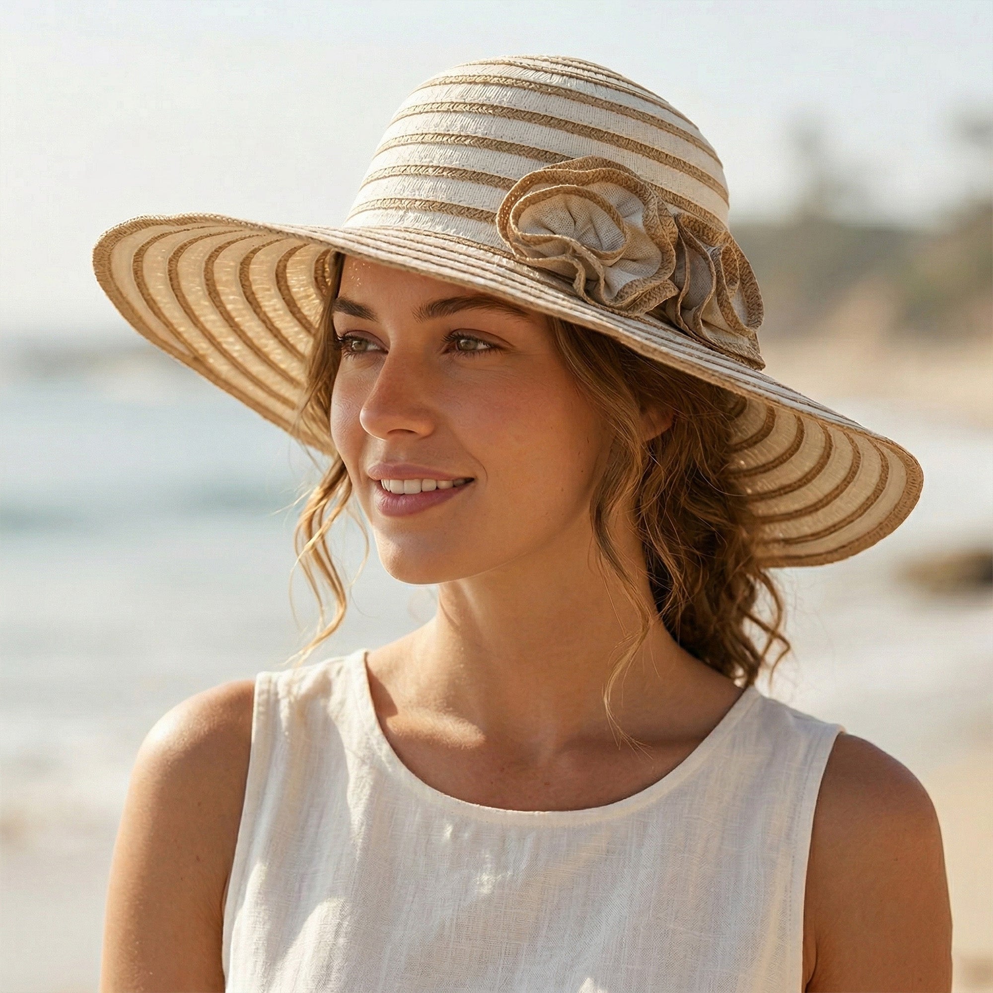 Anna-Kaci Womens Straw Sun Hat with Floral Accent Summer Beach Hat with Adjustable Chin Strap