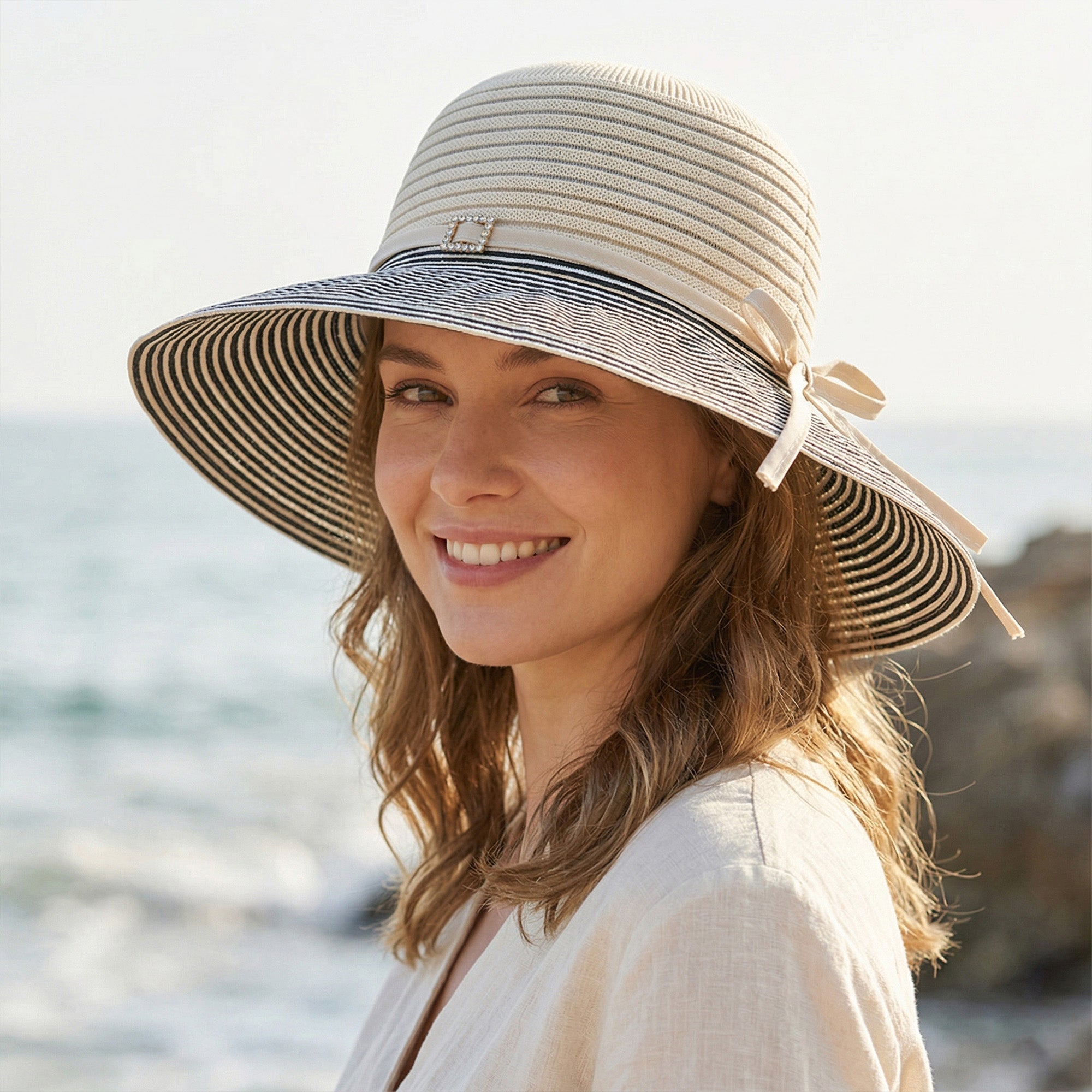 Anna-Kaci Womens Wide Brim Straw Sun Hat with Contrast Stripe Brim Bow Detail Lightweight Beach Hat