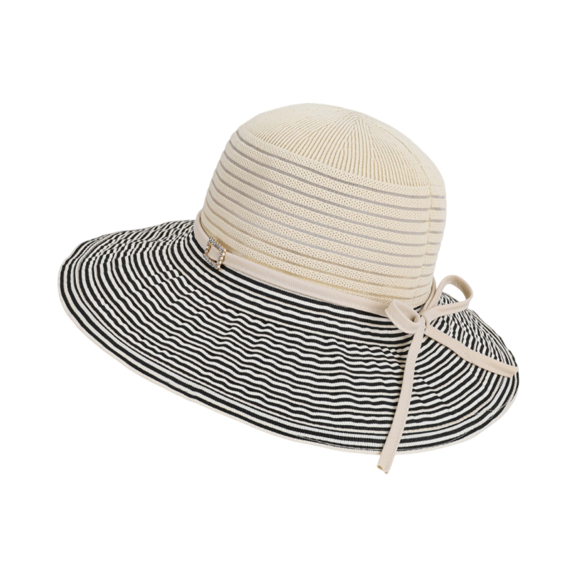 Anna-Kaci Womens Wide Brim Straw Sun Hat with Contrast Stripe Brim Bow Detail Lightweight Beach Hat