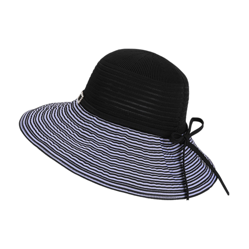 Anna-Kaci Womens Wide Brim Straw Sun Hat with Contrast Stripe Brim Bow Detail Lightweight Beach Hat