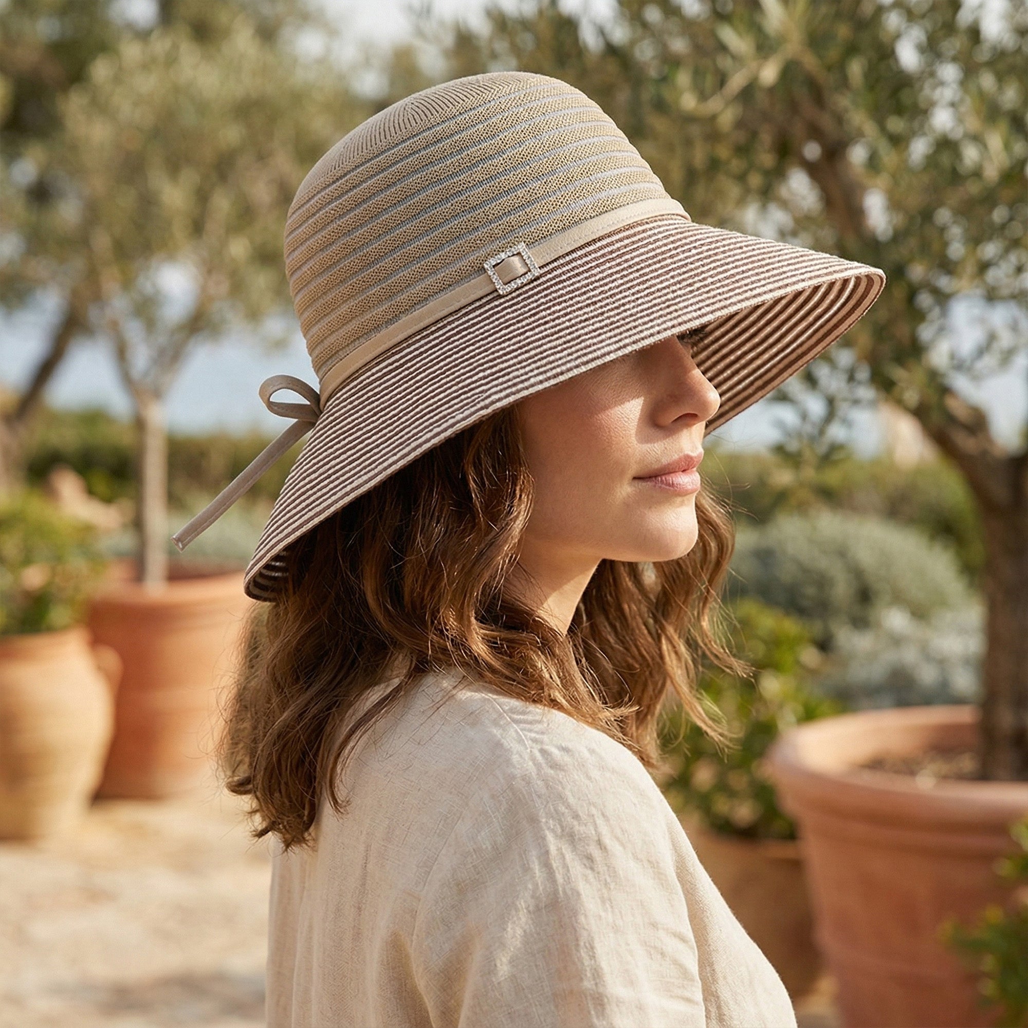 Anna-Kaci Womens Wide Brim Straw Sun Hat with Contrast Stripe Brim Bow Detail Lightweight Beach Hat