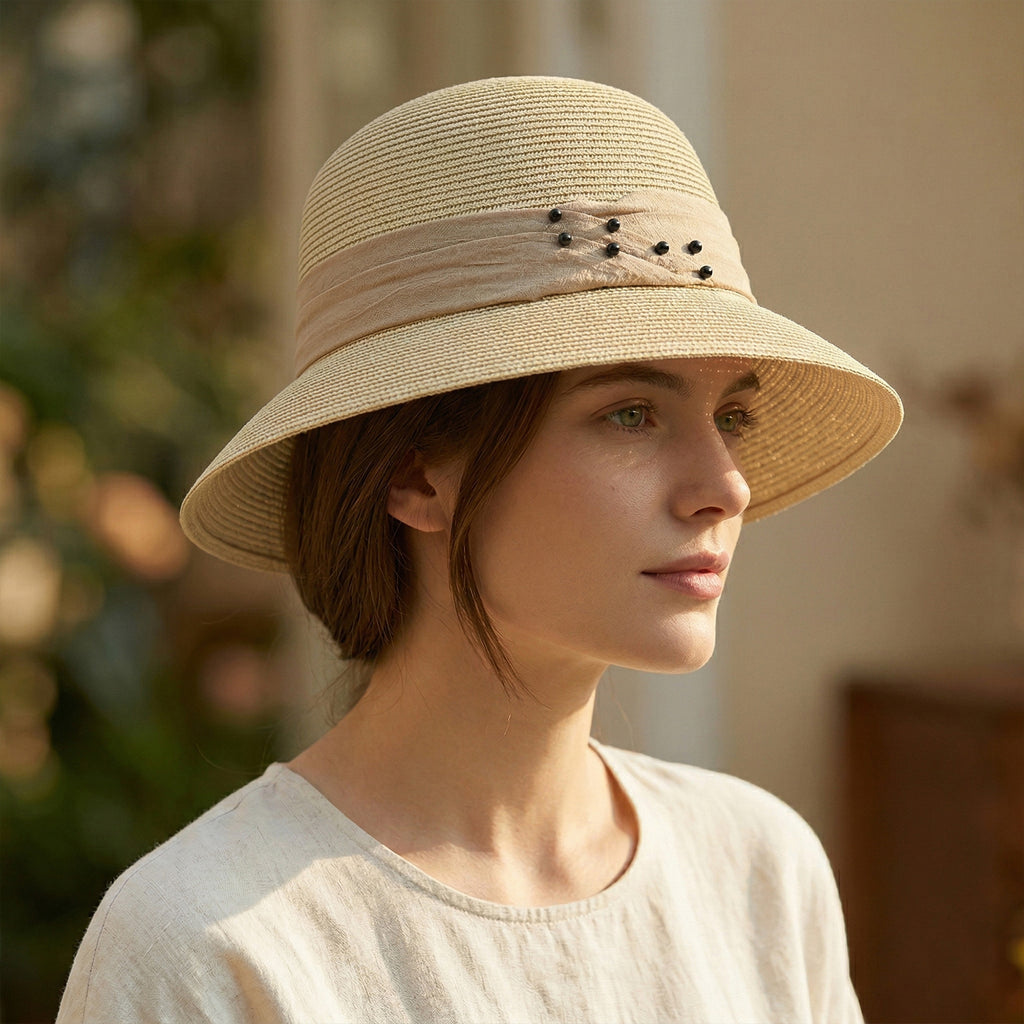 Anna-Kaci Womens Straw Sun Hat with Pearl Accent Band Lightweight Summer Beach Travel Hat