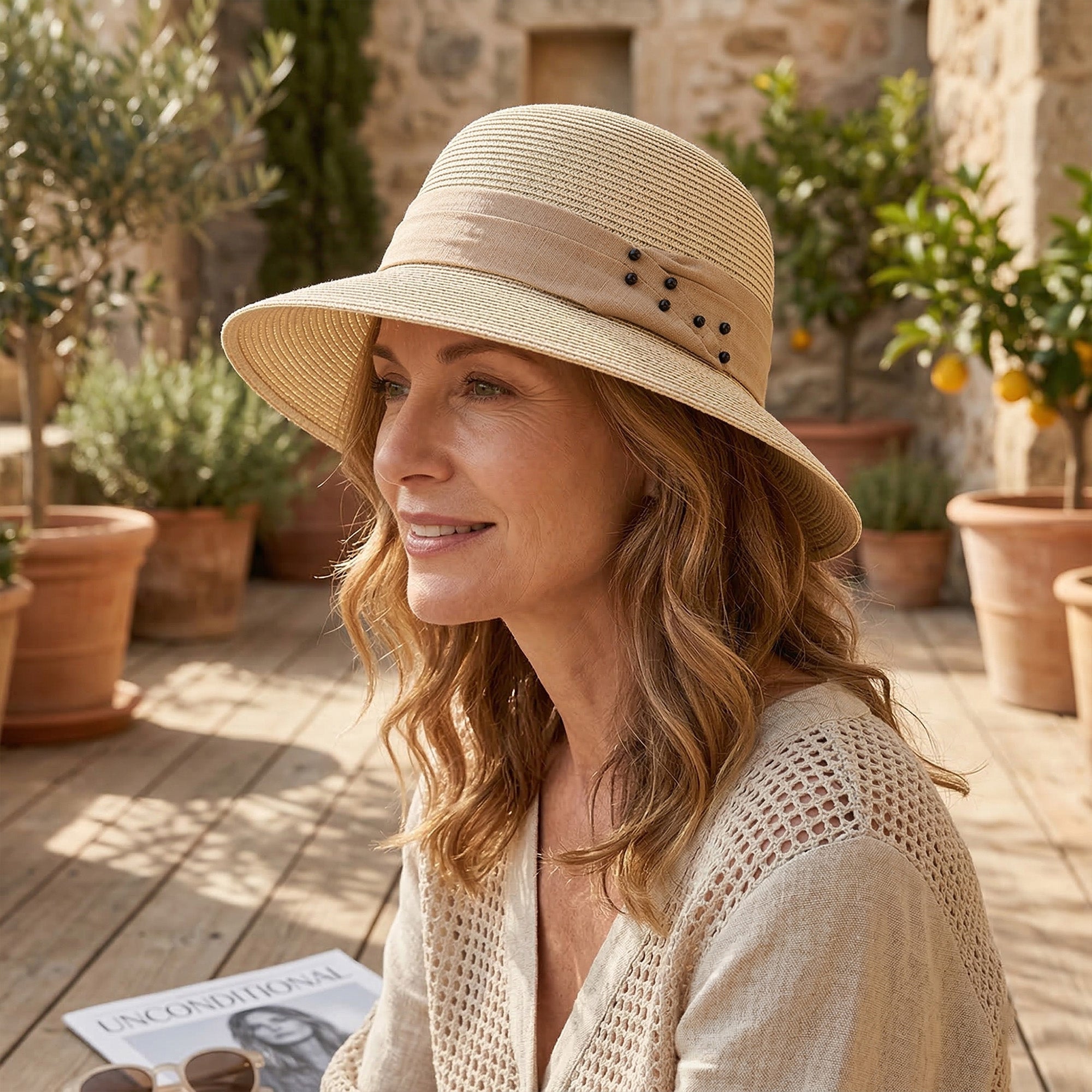 Anna-Kaci Womens Straw Sun Hat with Pearl Accent Band Lightweight Summer Beach Travel Hat