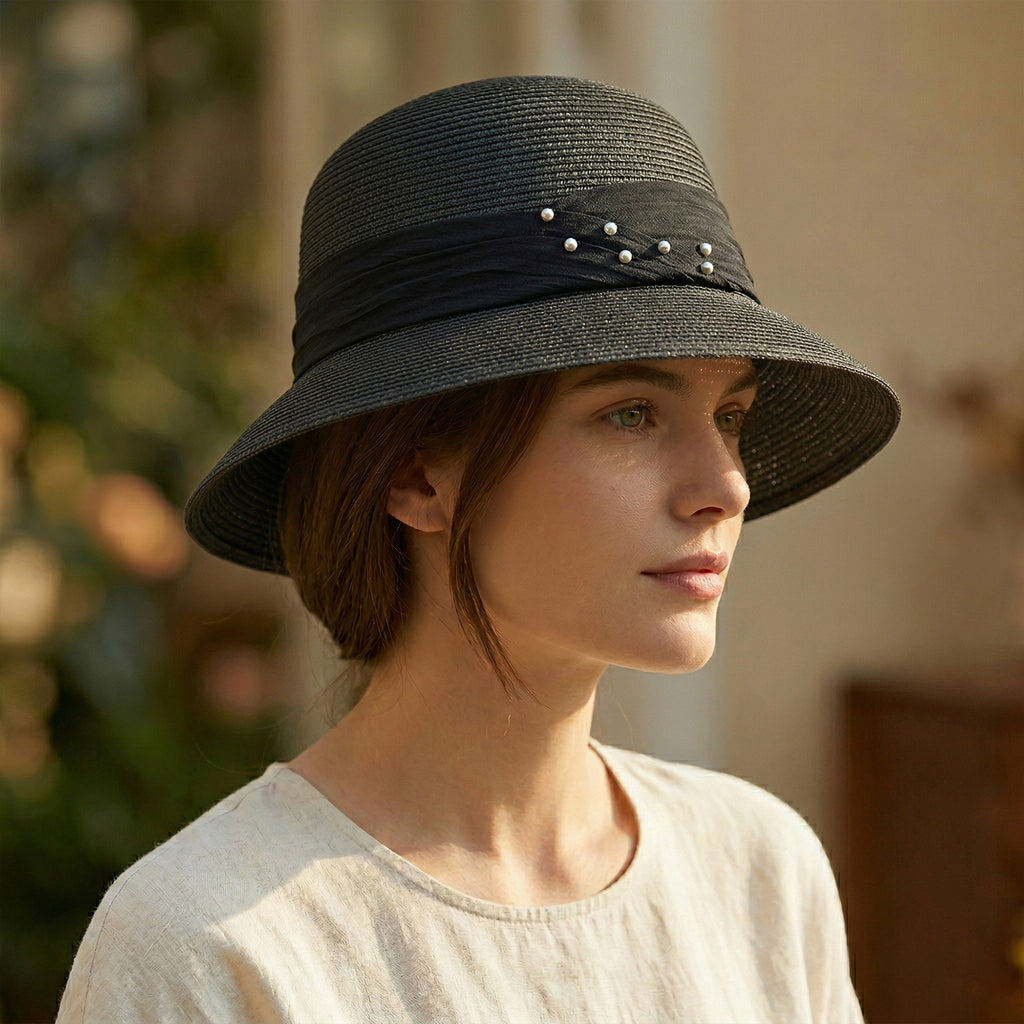 Anna-Kaci Womens Straw Sun Hat with Pearl Accent Band Lightweight Summer Beach Travel Hat