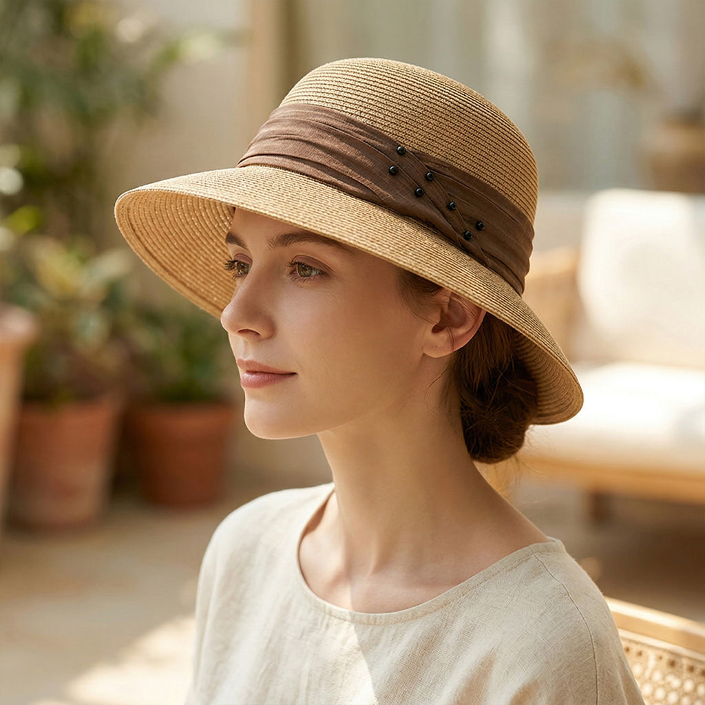 Anna-Kaci Womens Straw Sun Hat with Pearl Accent Band Lightweight Summer Beach Travel Hat