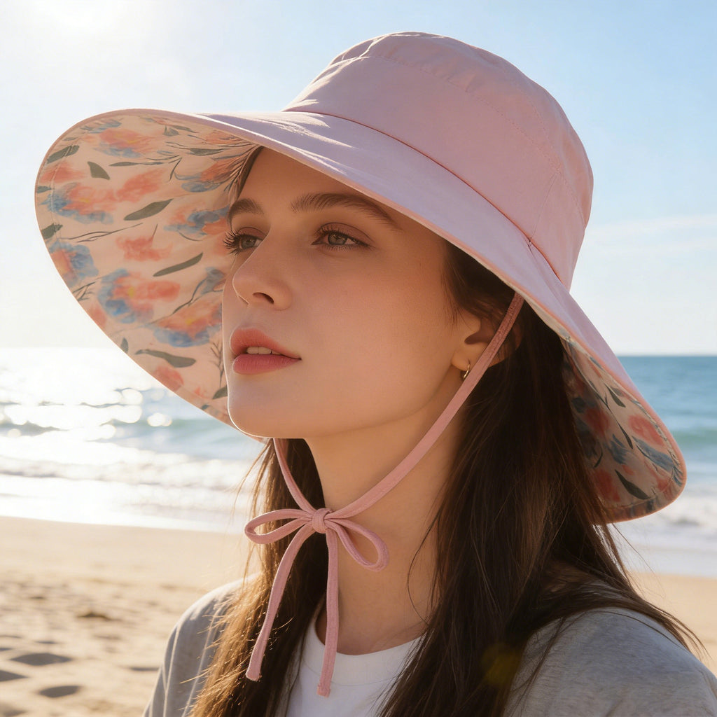 Anna-Kaci Womens Wide Brim Sun Hat with Floral Lining Ponytail Opening Lightweight Packable Beach Hat