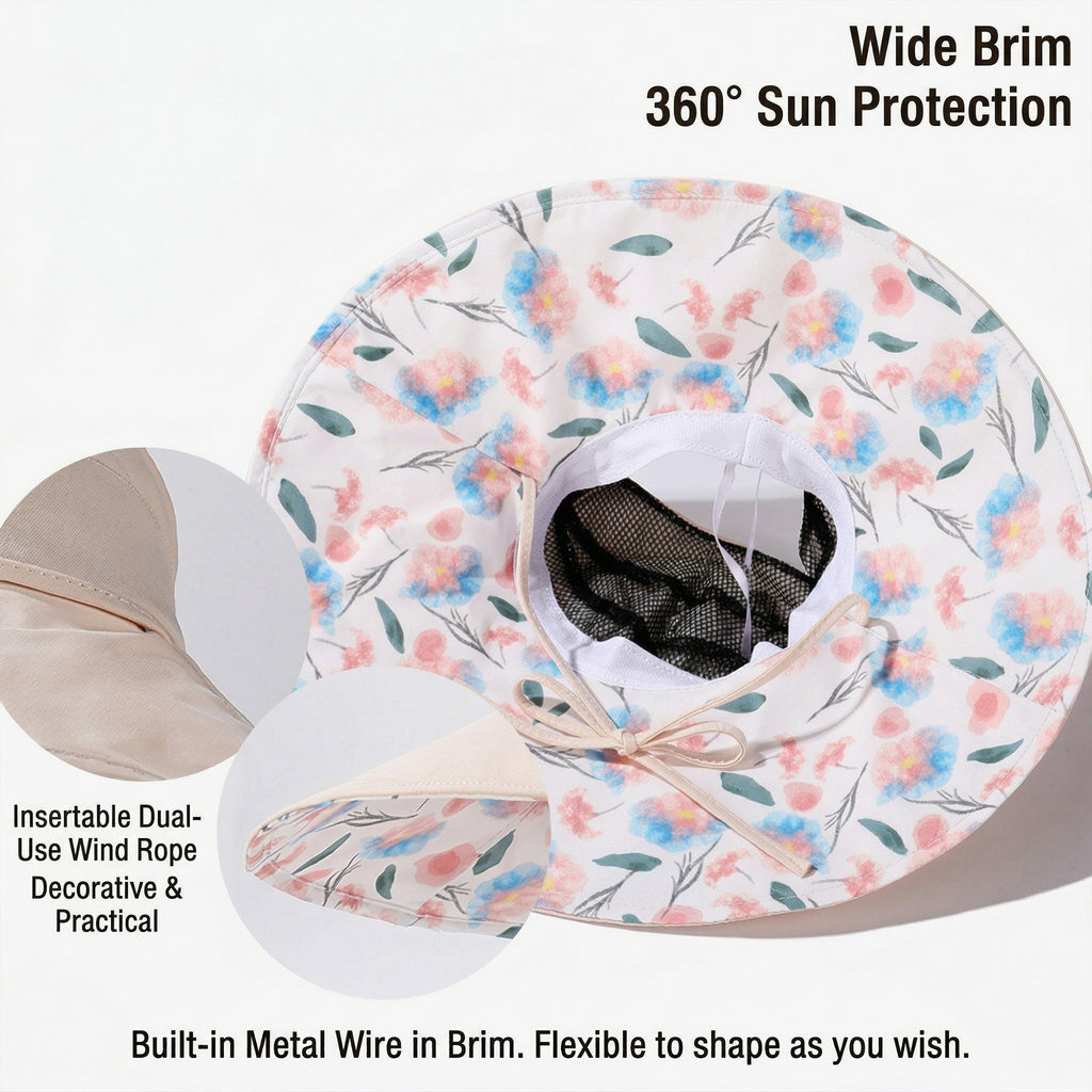 Anna-Kaci Womens Wide Brim Sun Hat with Floral Lining Ponytail Opening Lightweight Packable Beach Hat