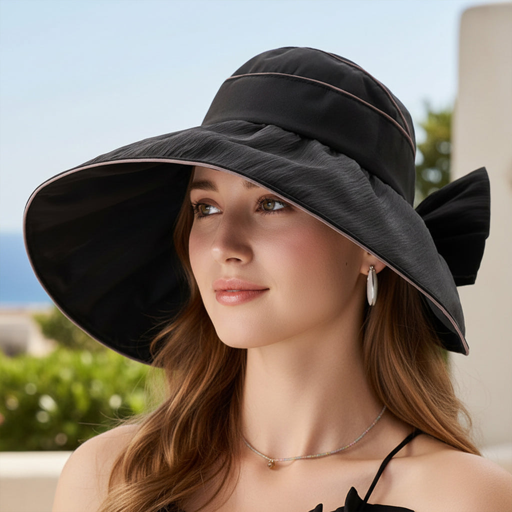 Anna-Kaci Womens Wide Brim Sun Hat Breathable Summer Beach Hat with Bow Detail and Ponytail Opening