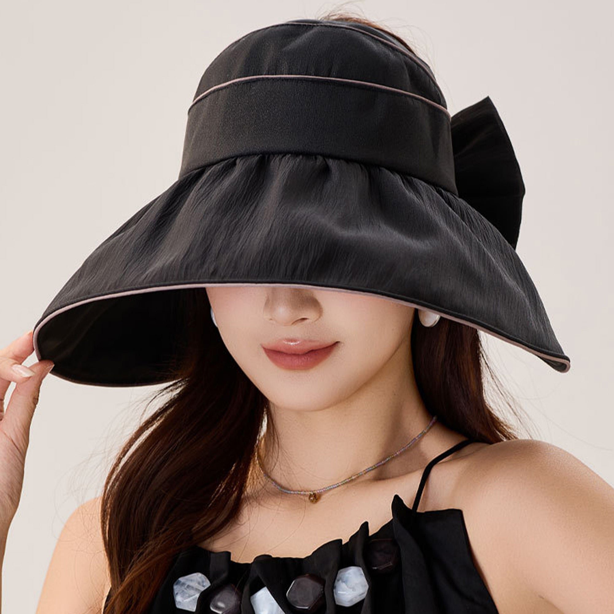 Anna-Kaci Womens Wide Brim Sun Hat Breathable Summer Beach Hat with Bow Detail and Ponytail Opening