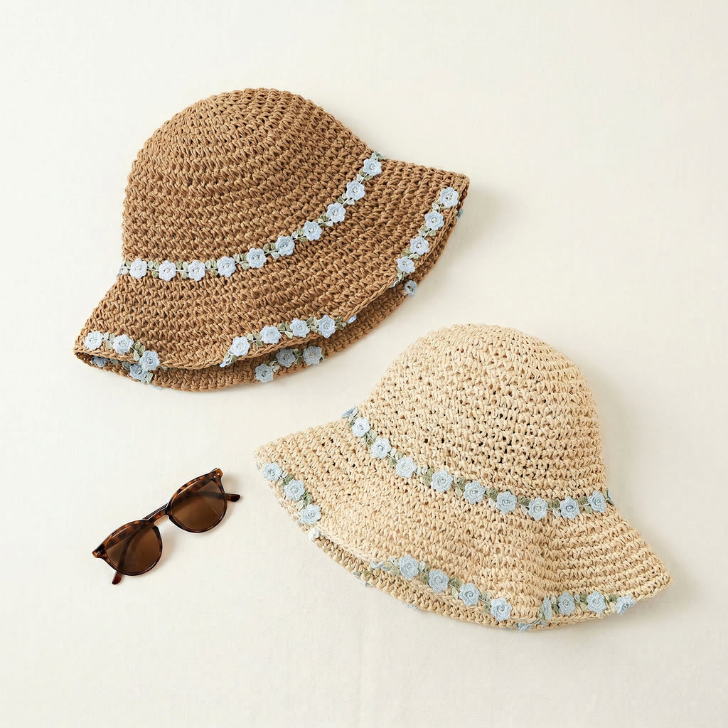 Anna-Kaci Women's Straw Sun Hat Wide Brim Floppy Beach Hat with Floral Trim Foldable Summer UV Protection