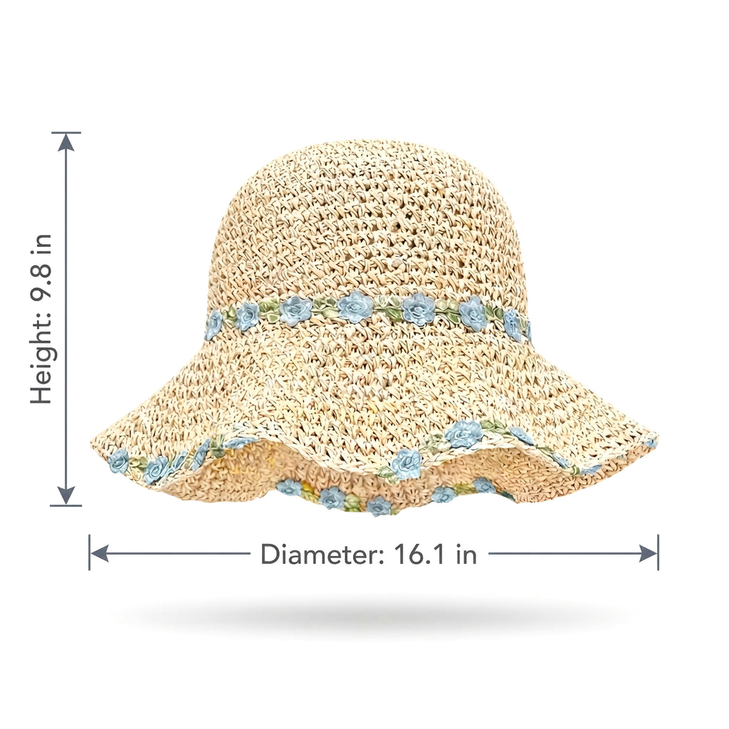Anna-Kaci Women's Straw Sun Hat Wide Brim Floppy Beach Hat with Floral Trim Foldable Summer UV Protection