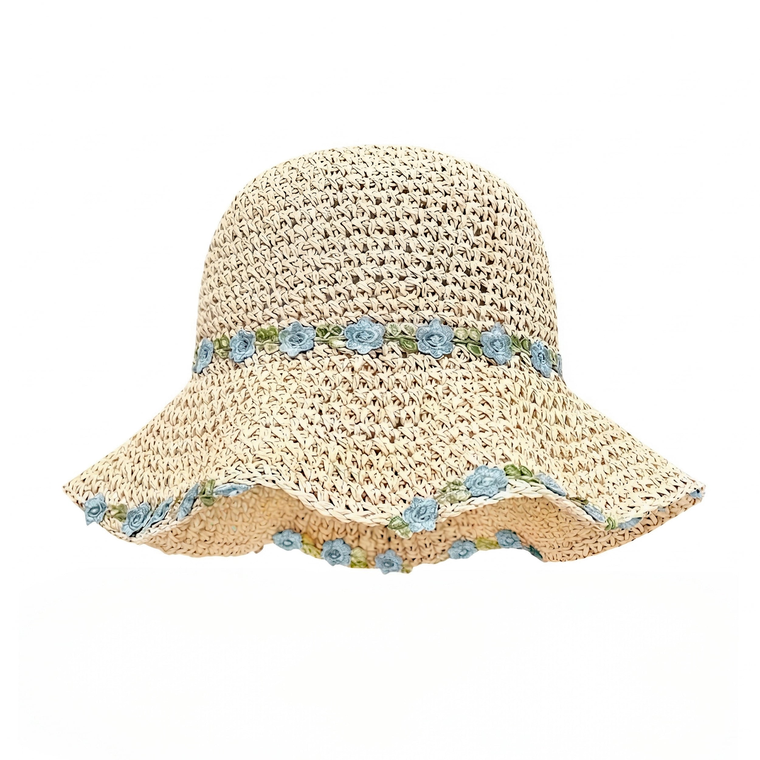 Anna-Kaci Women's Straw Sun Hat Wide Brim Floppy Beach Hat with Floral Trim Foldable Summer UV Protection