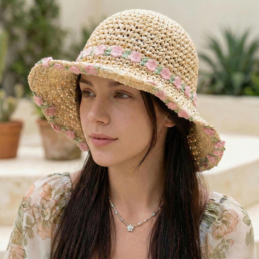 Anna-Kaci Women's Straw Sun Hat Wide Brim Floppy Beach Hat with Floral Trim Foldable Summer UV Protection