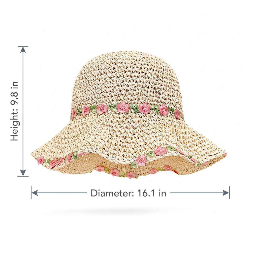 Anna-Kaci Women's Straw Sun Hat Wide Brim Floppy Beach Hat with Floral Trim Foldable Summer UV Protection