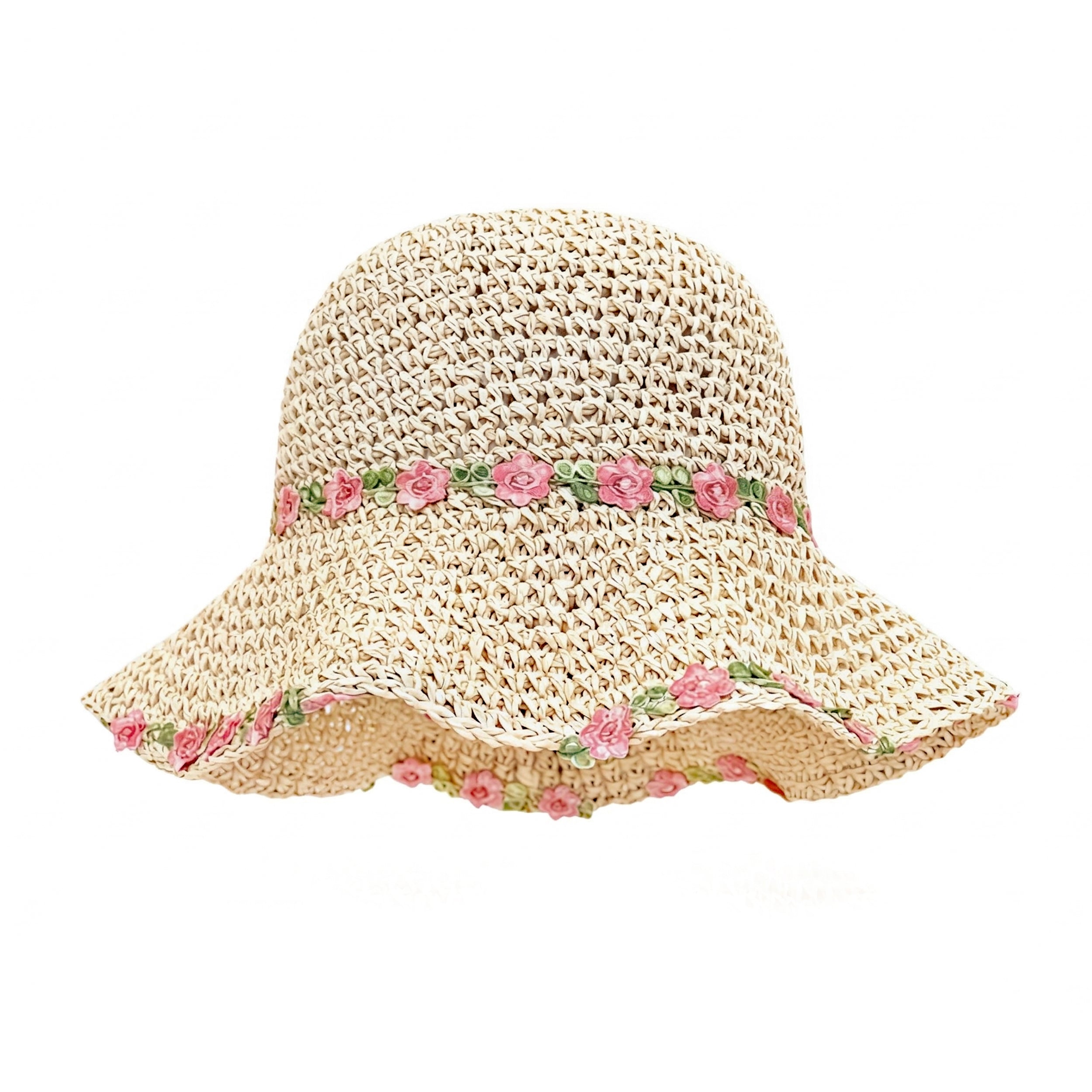 Anna-Kaci Women's Straw Sun Hat Wide Brim Floppy Beach Hat with Floral Trim Foldable Summer UV Protection