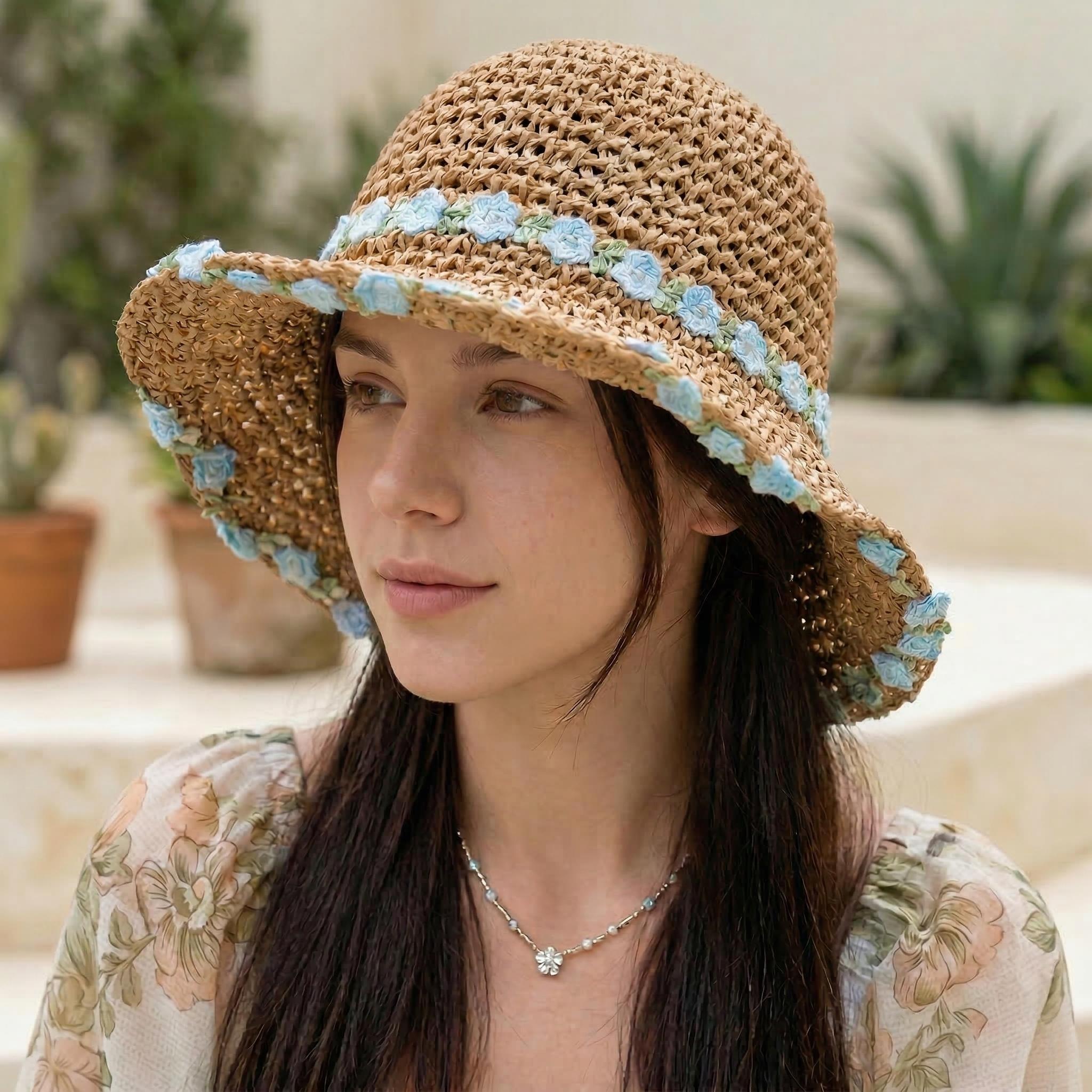 Anna-Kaci Women's Straw Sun Hat Wide Brim Floppy Beach Hat with Floral Trim Foldable Summer UV Protection