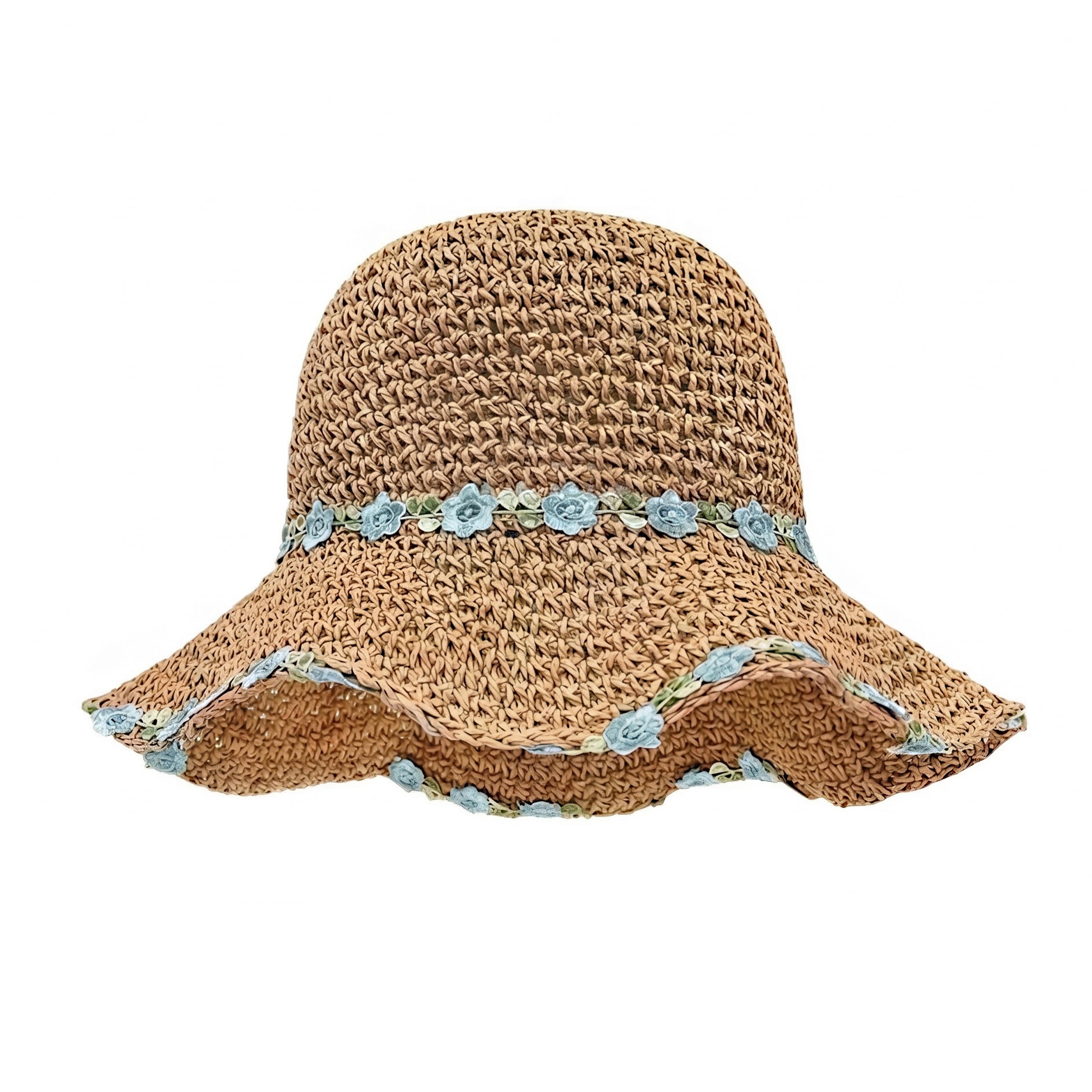 Anna-Kaci Women's Straw Sun Hat Wide Brim Floppy Beach Hat with Floral Trim Foldable Summer UV Protection