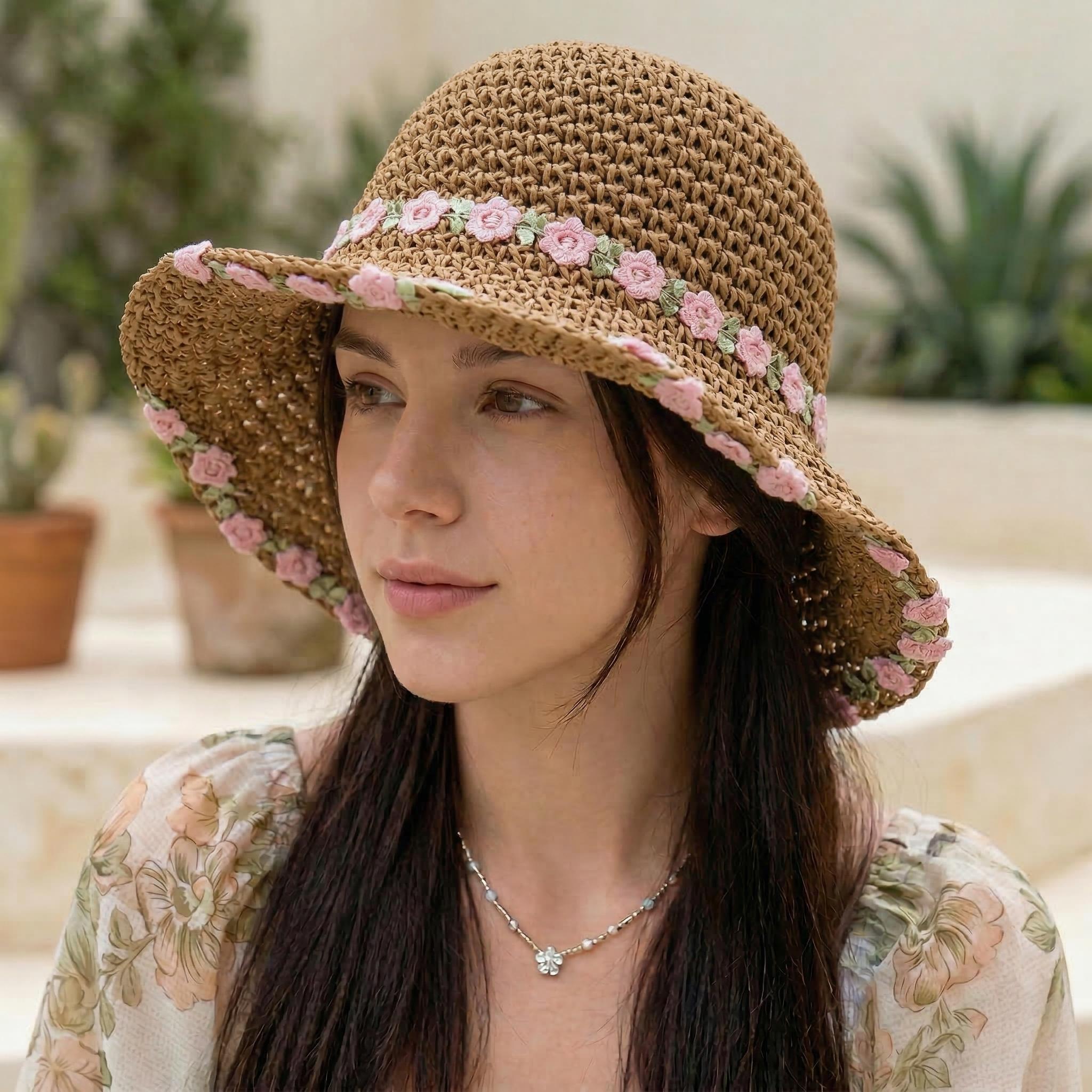 Anna-Kaci Women's Straw Sun Hat Wide Brim Floppy Beach Hat with Floral Trim Foldable Summer UV Protection