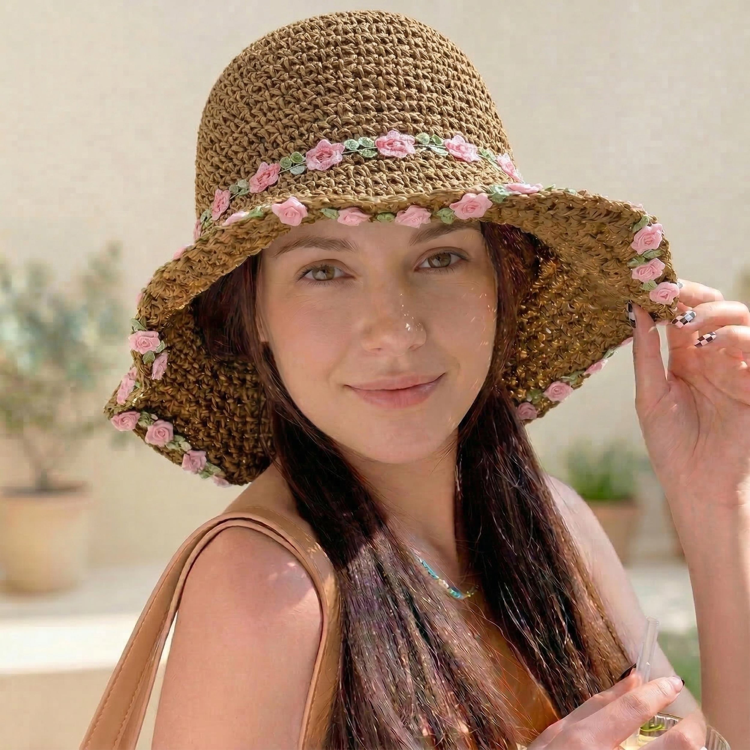 Anna-Kaci Women's Straw Sun Hat Wide Brim Floppy Beach Hat with Floral Trim Foldable Summer UV Protection