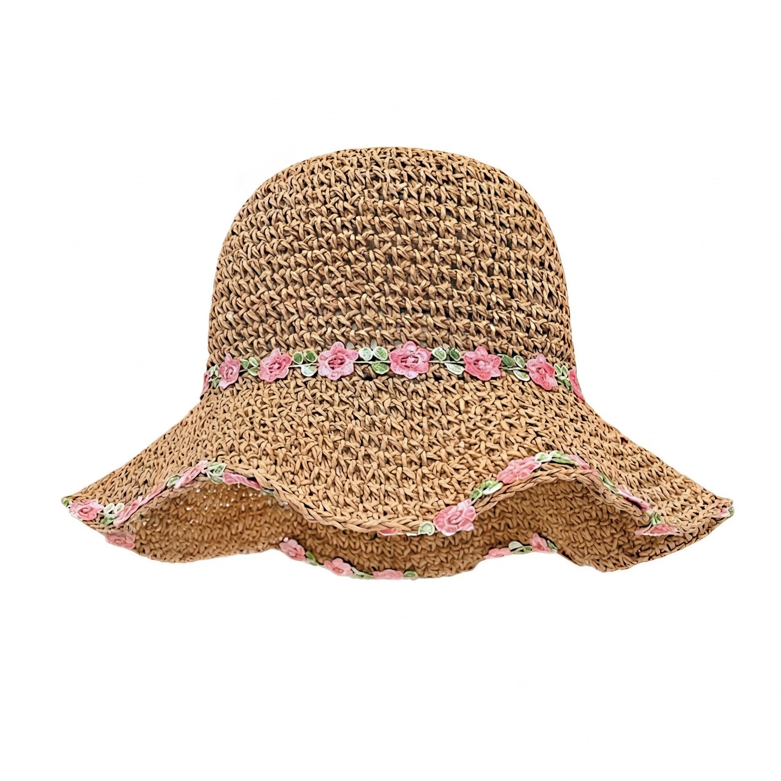 Anna-Kaci Women's Straw Sun Hat Wide Brim Floppy Beach Hat with Floral Trim Foldable Summer UV Protection