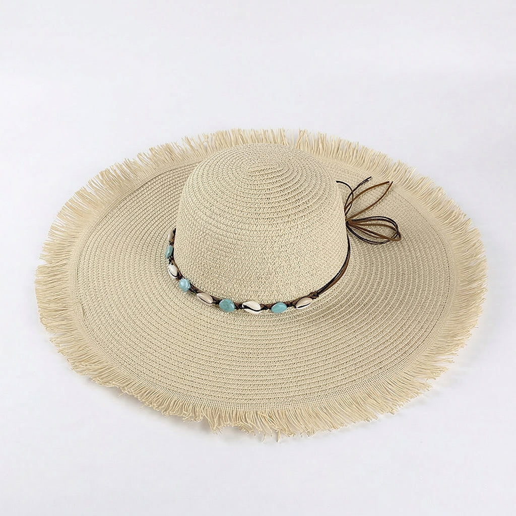 Anna-Kaci Wide Brim Straw Sun Hat with Fringe Edge and Beaded Band Summer Beach Sun Protection Hat