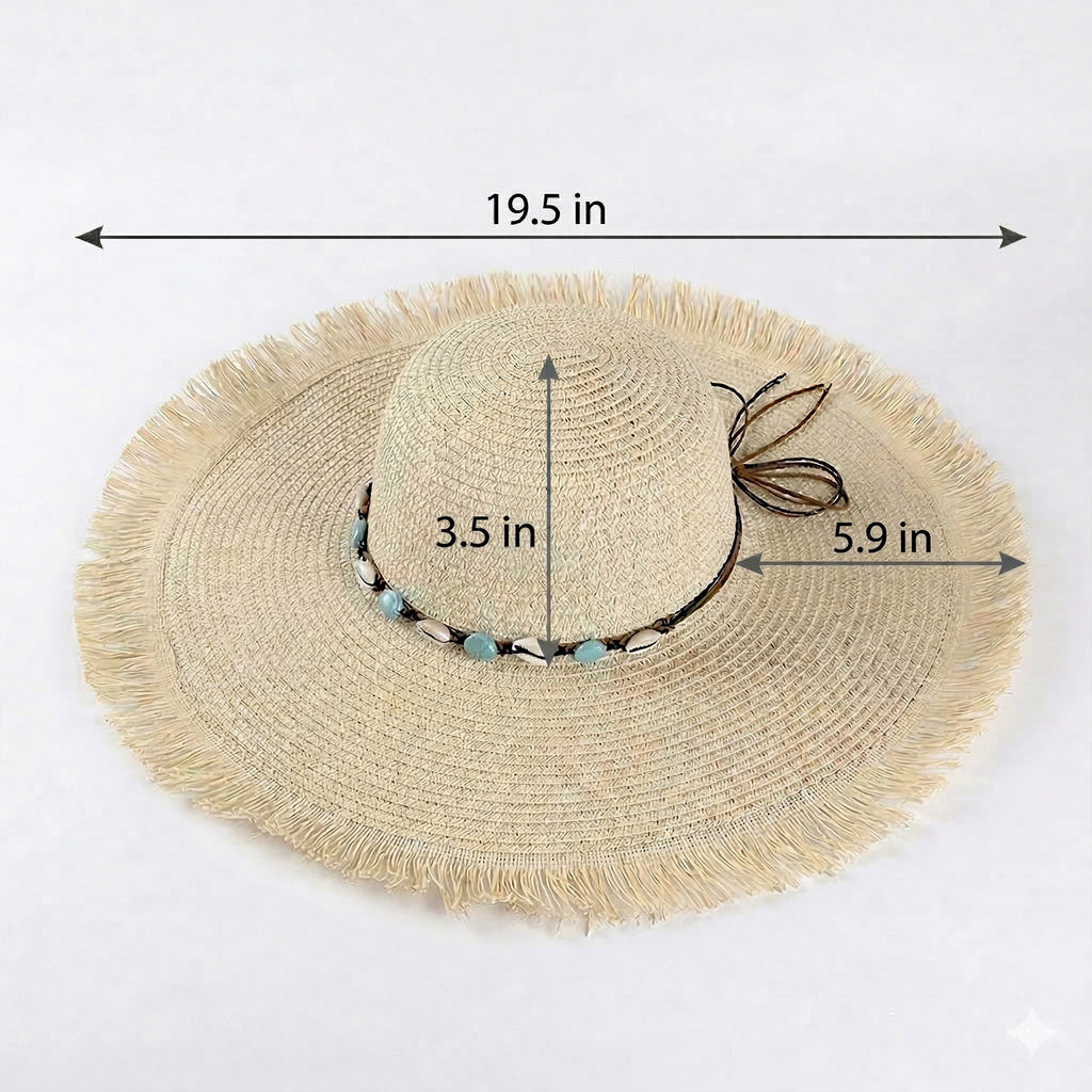 Anna-Kaci Wide Brim Straw Sun Hat with Fringe Edge and Beaded Band Summer Beach Sun Protection Hat