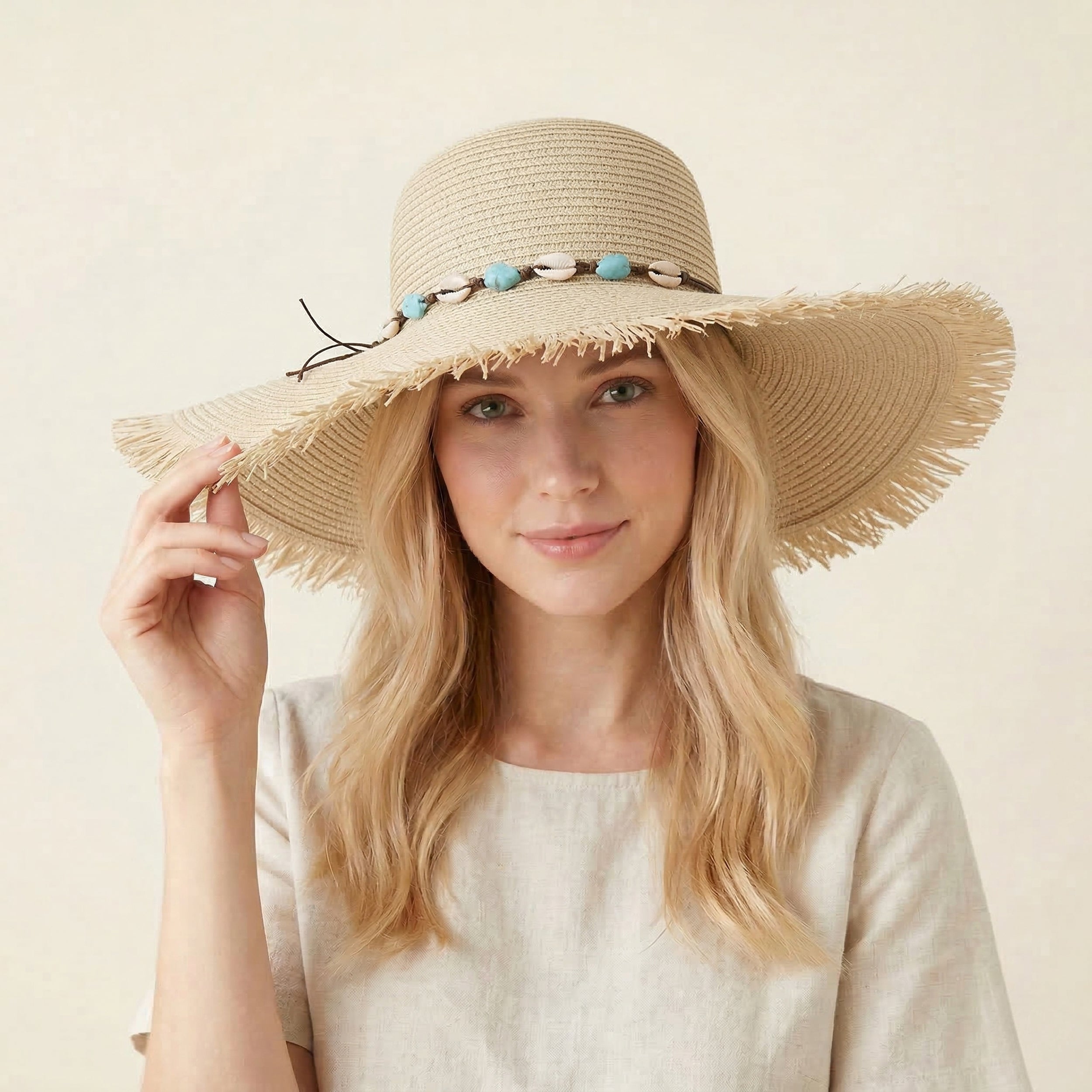 Anna-Kaci Wide Brim Straw Sun Hat with Fringe Edge and Beaded Band Summer Beach Sun Protection Hat
