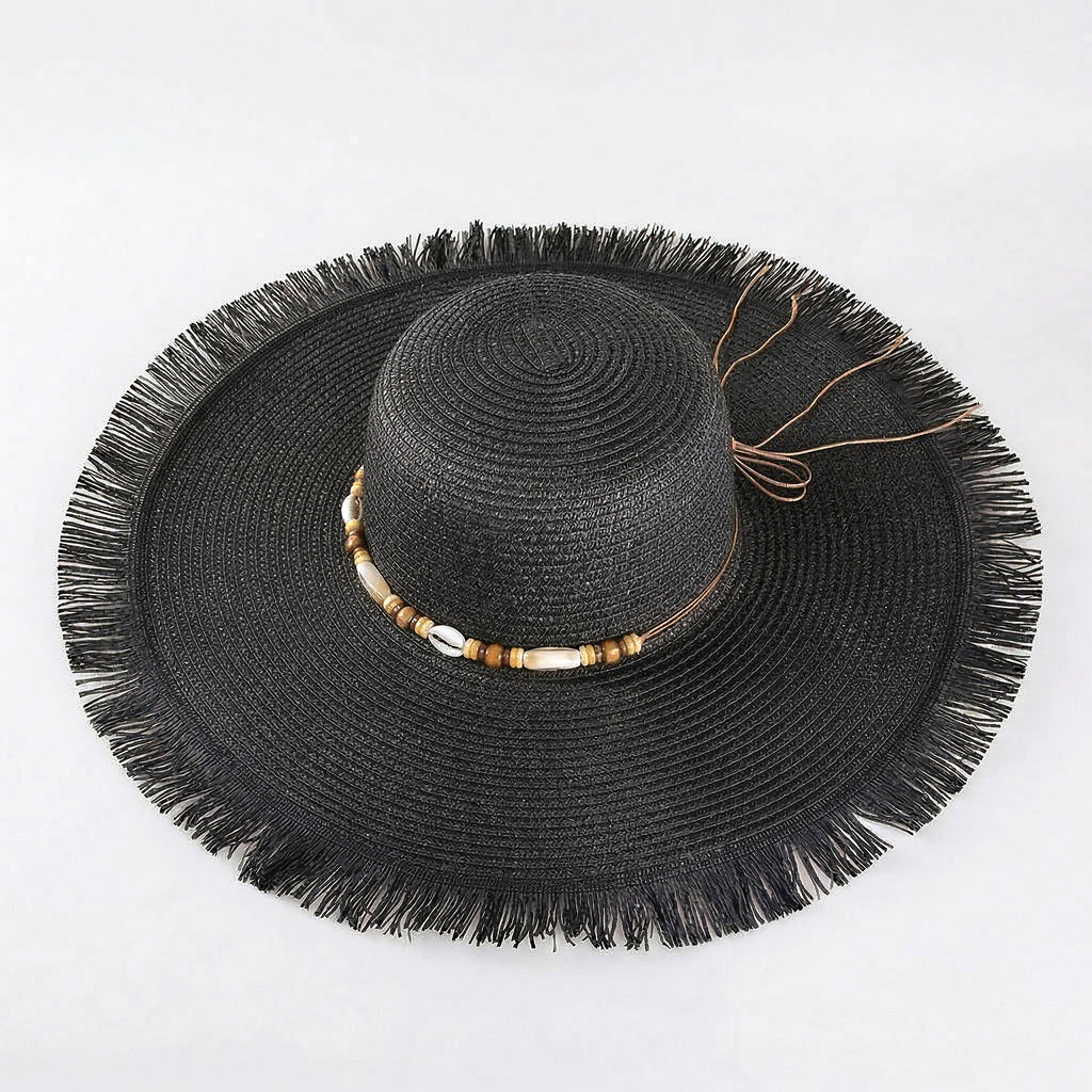 Anna-Kaci Wide Brim Straw Sun Hat with Fringe Edge and Beaded Band Summer Beach Sun Protection Hat